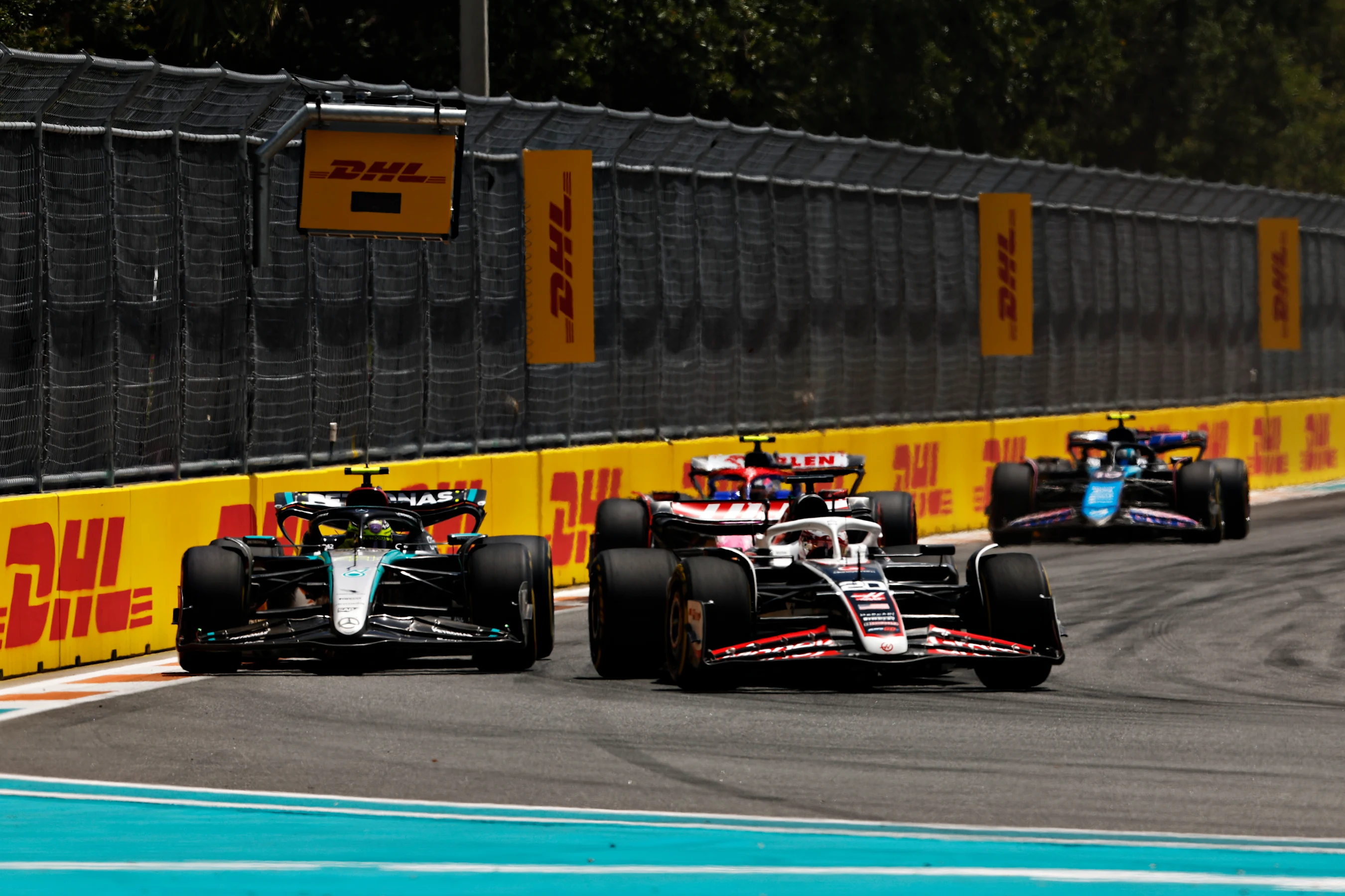 MIAMI, FLORIDA - MAY 04: Kevin Magnussen of Denmark driving the (20) Haas F1 VF-24 Ferrari leads