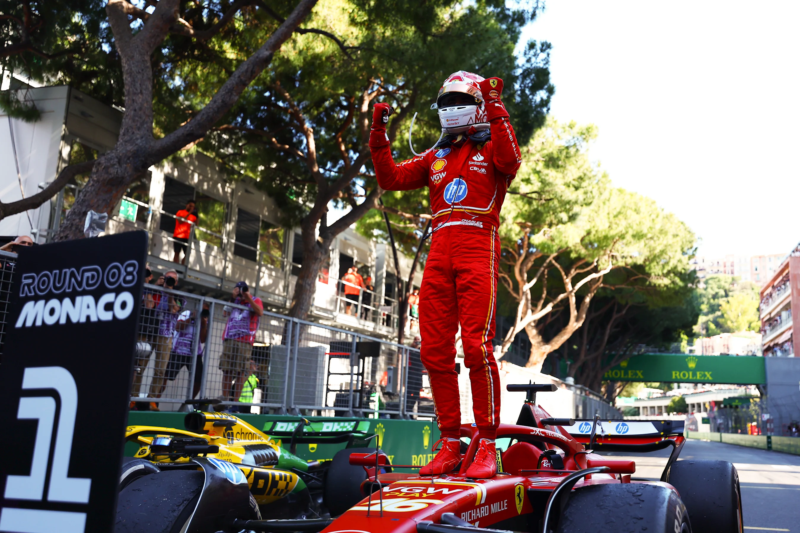 MONTE-CARLO, MONACO - MAY 26: Race winner Charles Leclerc of Monaco and Ferrari celebrates in parc