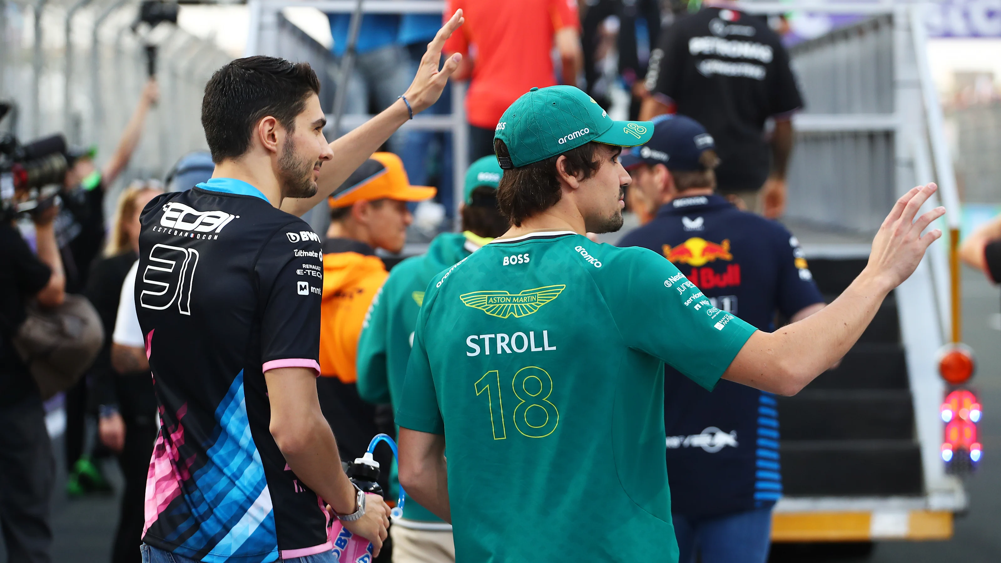 JEDDAH, SAUDI ARABIA - MARCH 09: Lance Stroll of Canada and Aston Martin F1 Team and Esteban Ocon