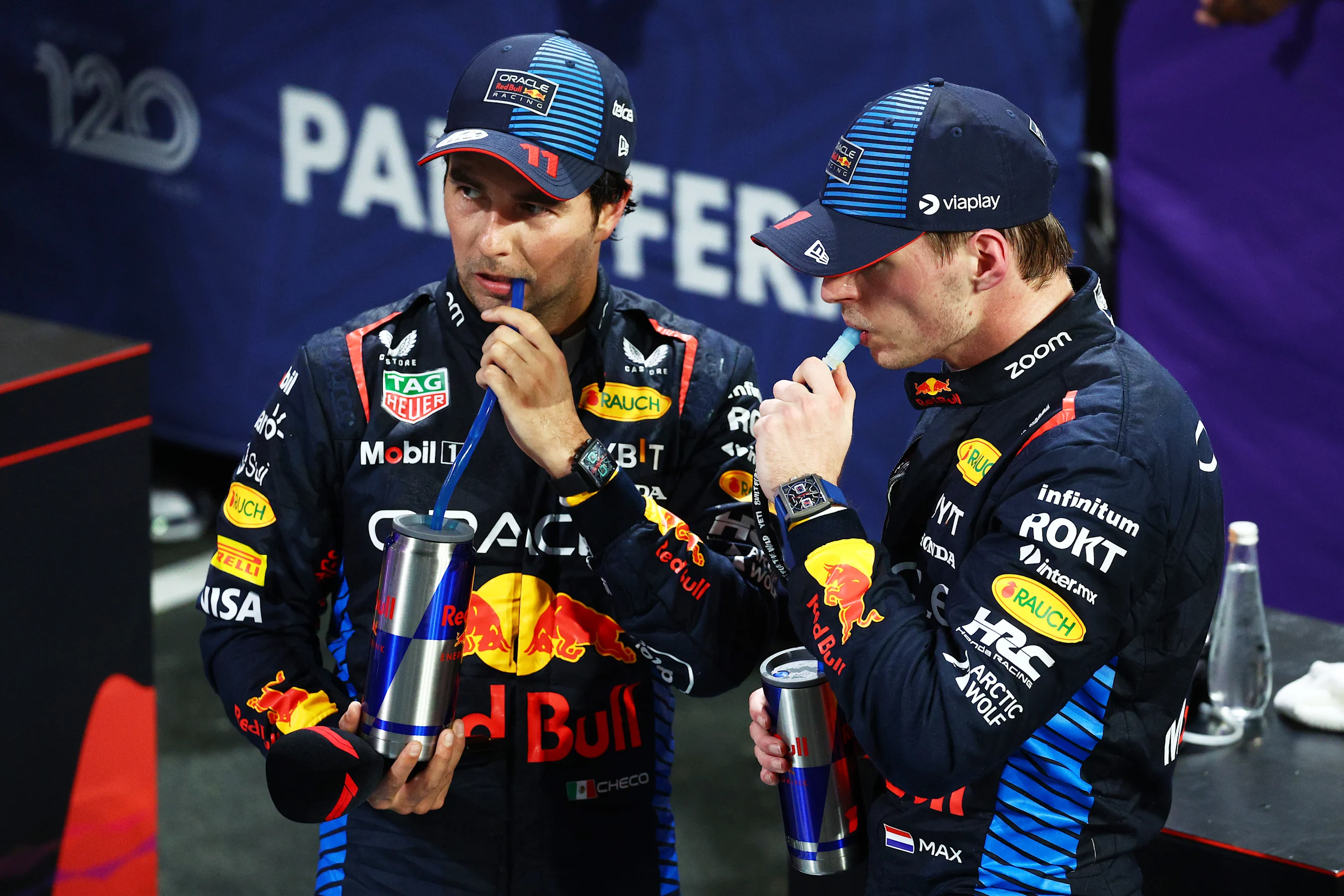 JEDDAH, SAUDI ARABIA - MARCH 09: Second placed Sergio Perez of Mexico and Oracle Red Bull Racing