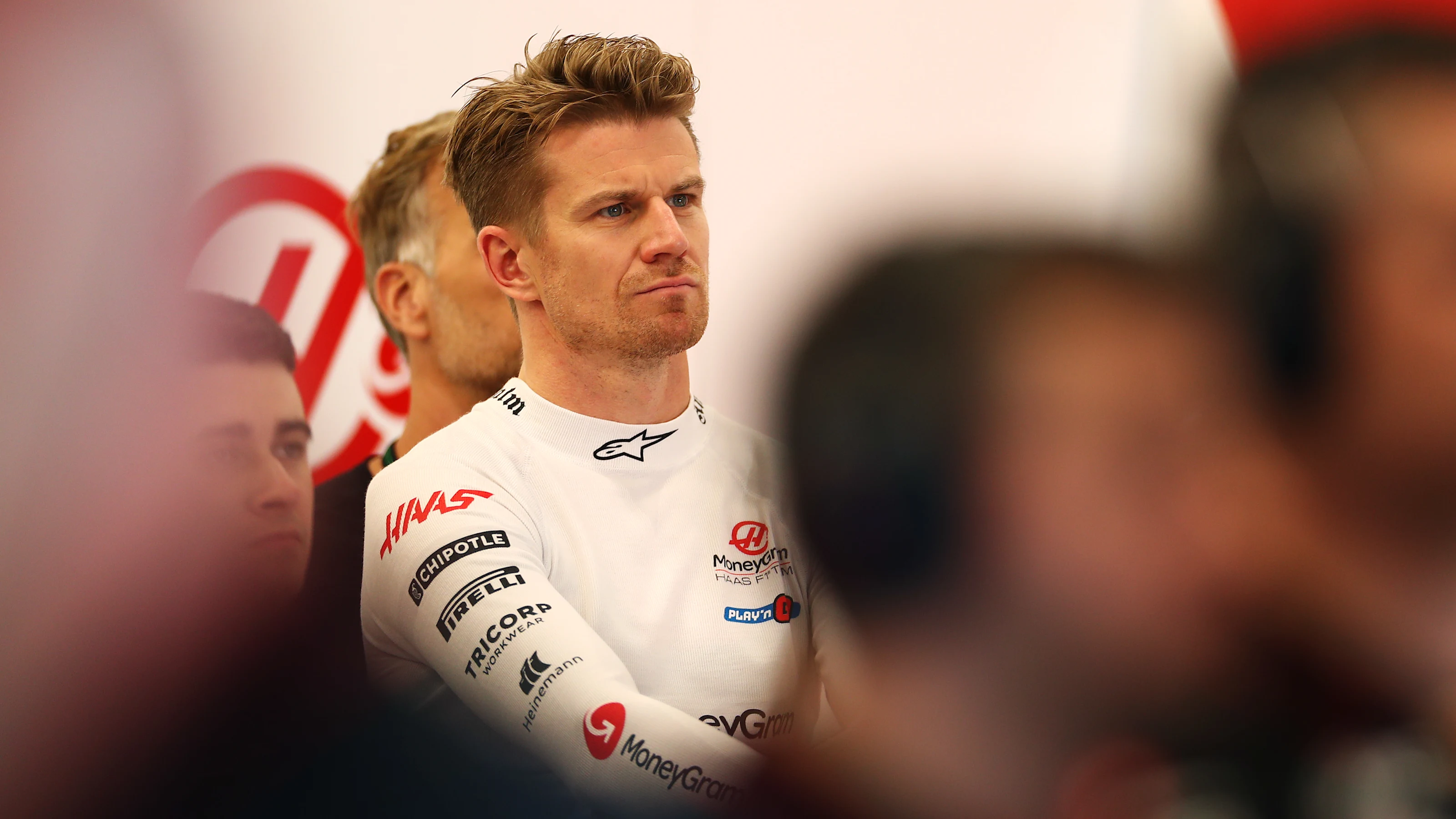 JEDDAH, SAUDI ARABIA - MARCH 08: Nico Hulkenberg of Germany and Haas F1 looks on in the garage