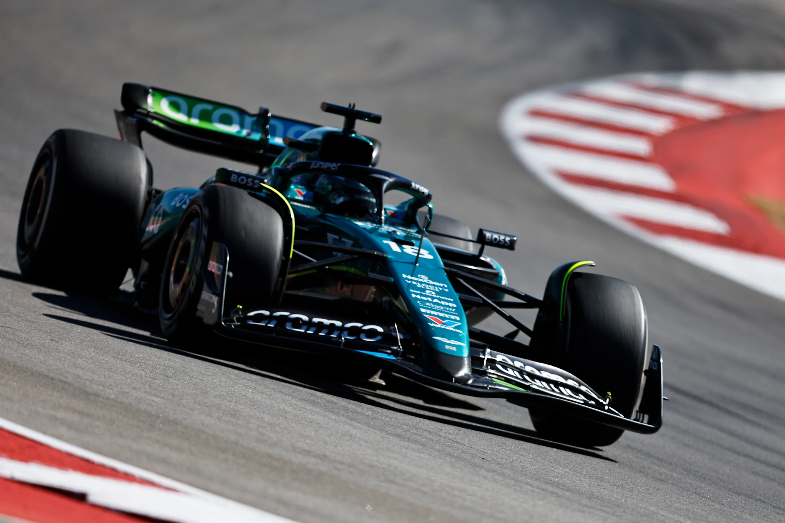 AUSTIN, TEXAS - OCTOBER 20: Lance Stroll of Canada driving the (18) Aston Martin AMR24 Mercedes on