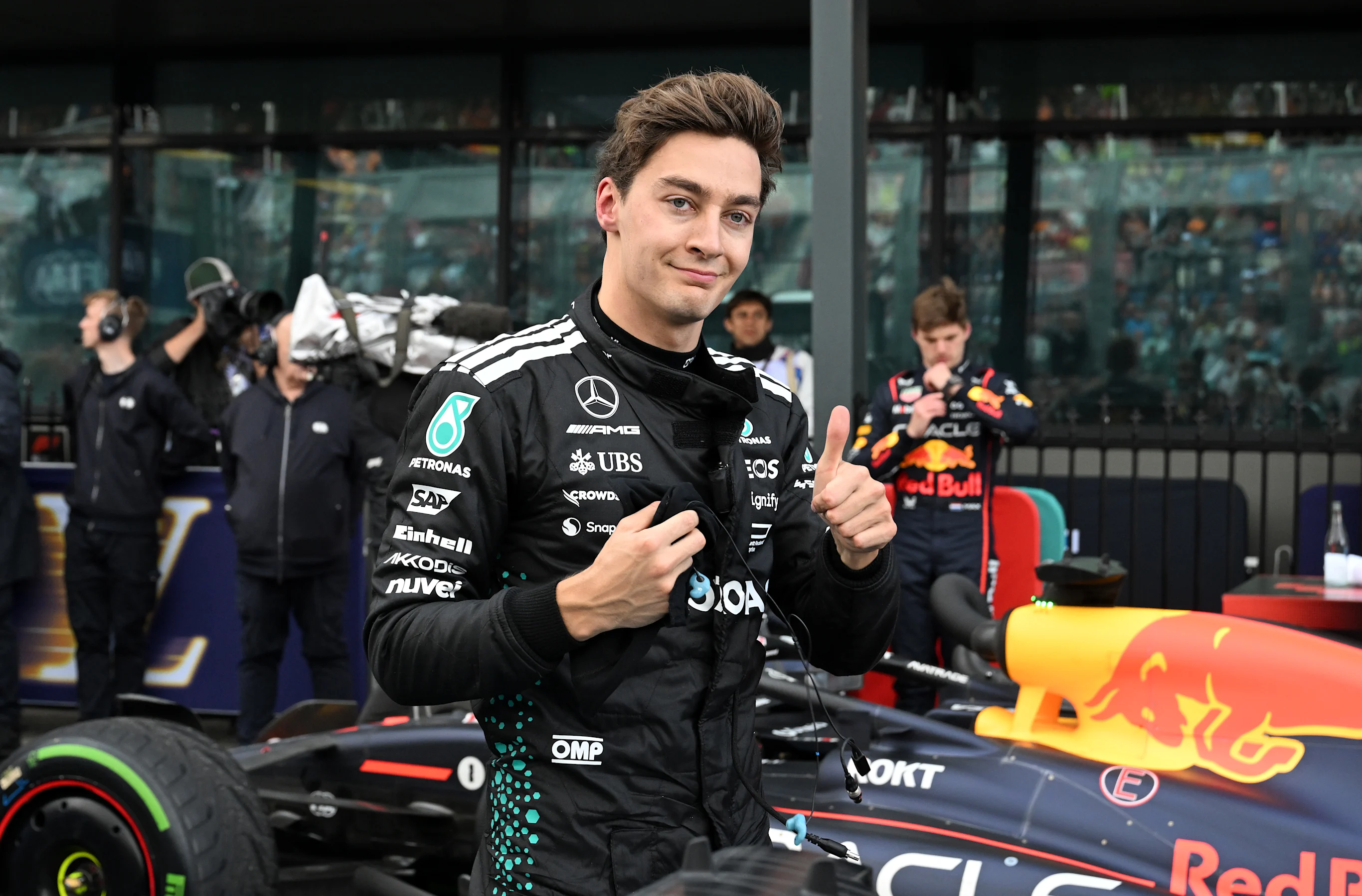 MELBOURNE, AUSTRALIA - MARCH 16: Third placed George Russell of Great Britain and Mercedes AMG