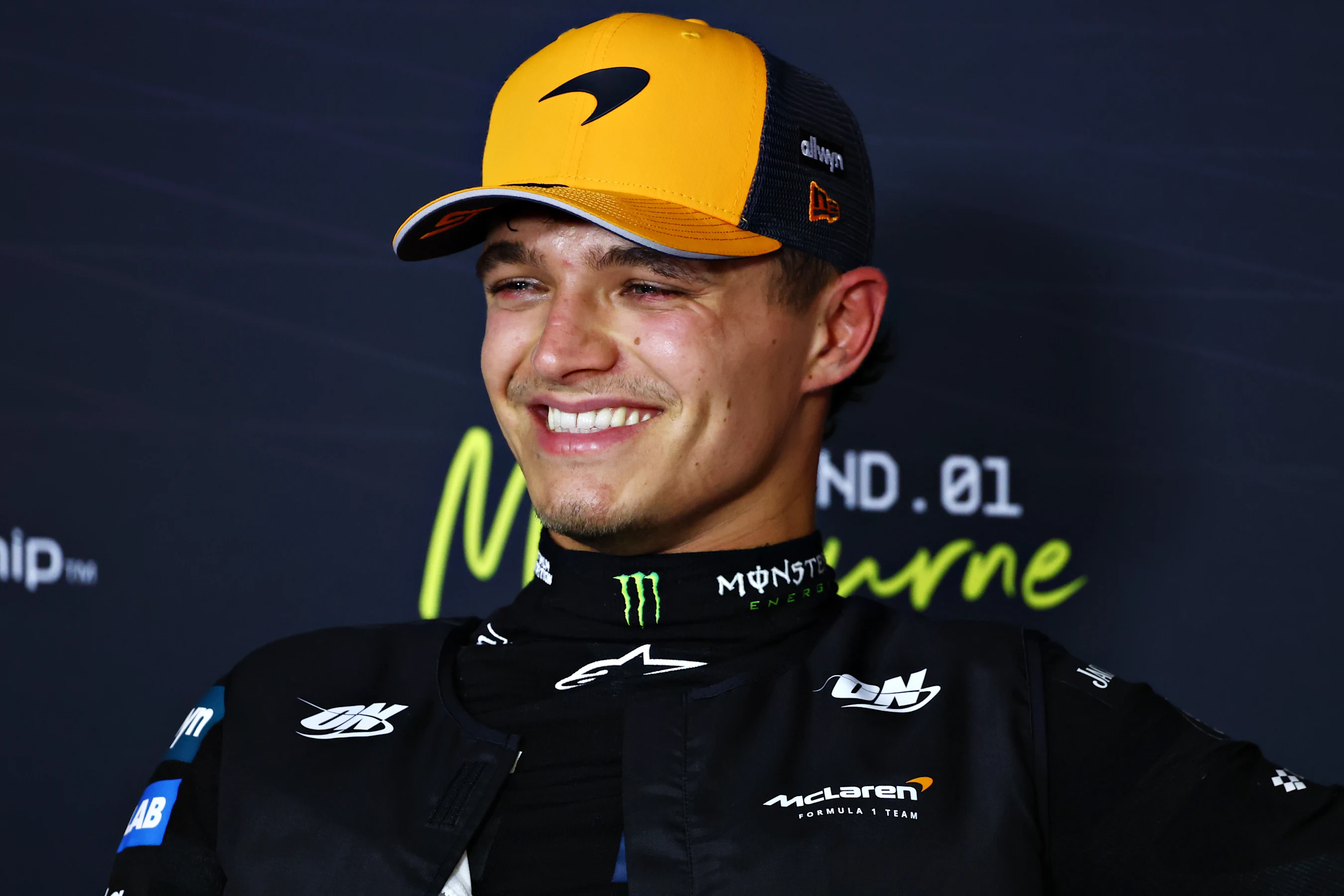 MELBOURNE, AUSTRALIA - MARCH 15: Pole position qualifier Lando Norris of Great Britain and McLaren