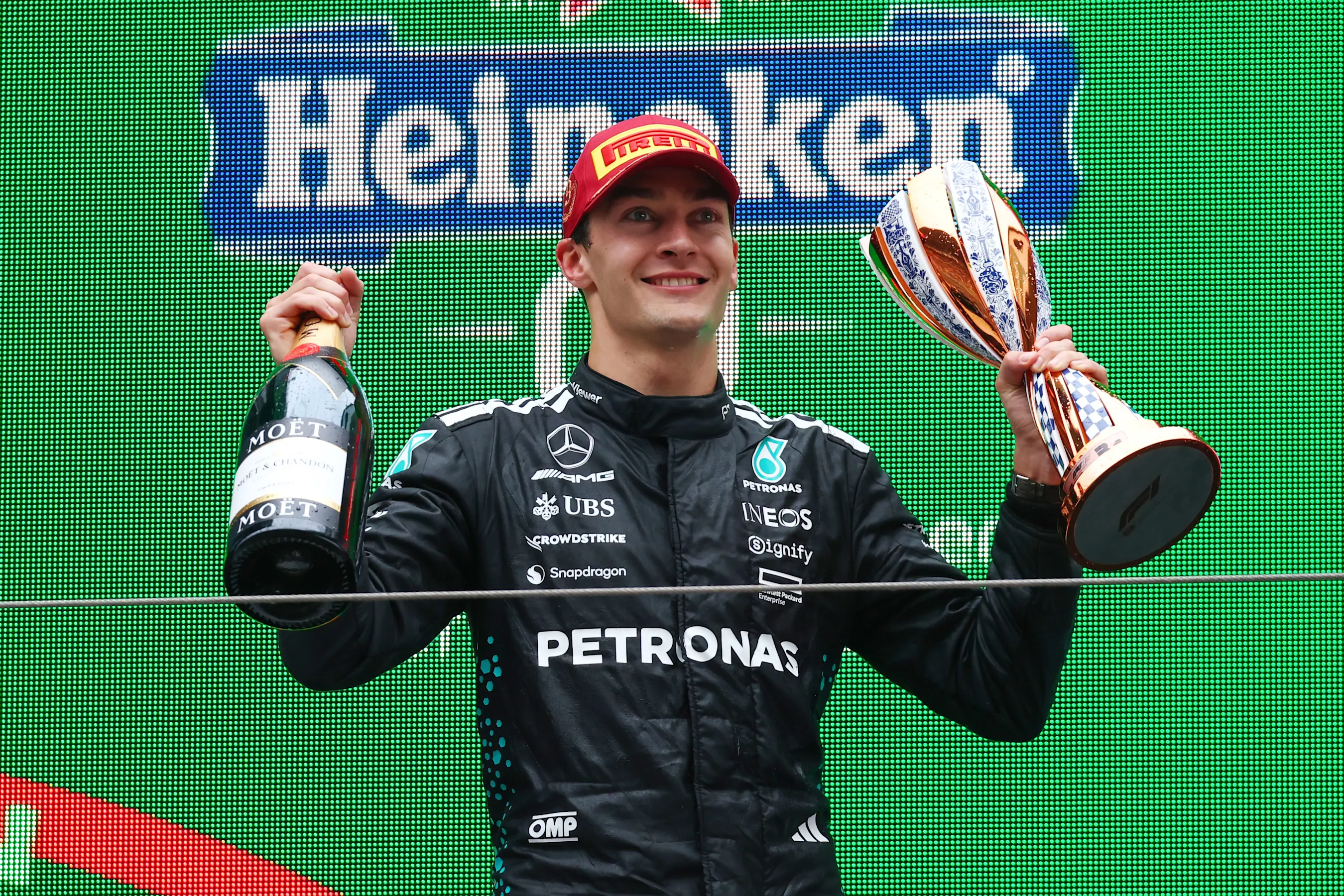 SHANGHAI, CHINA - MARCH 23: Third placed George Russell of Great Britain and Mercedes AMG Petronas