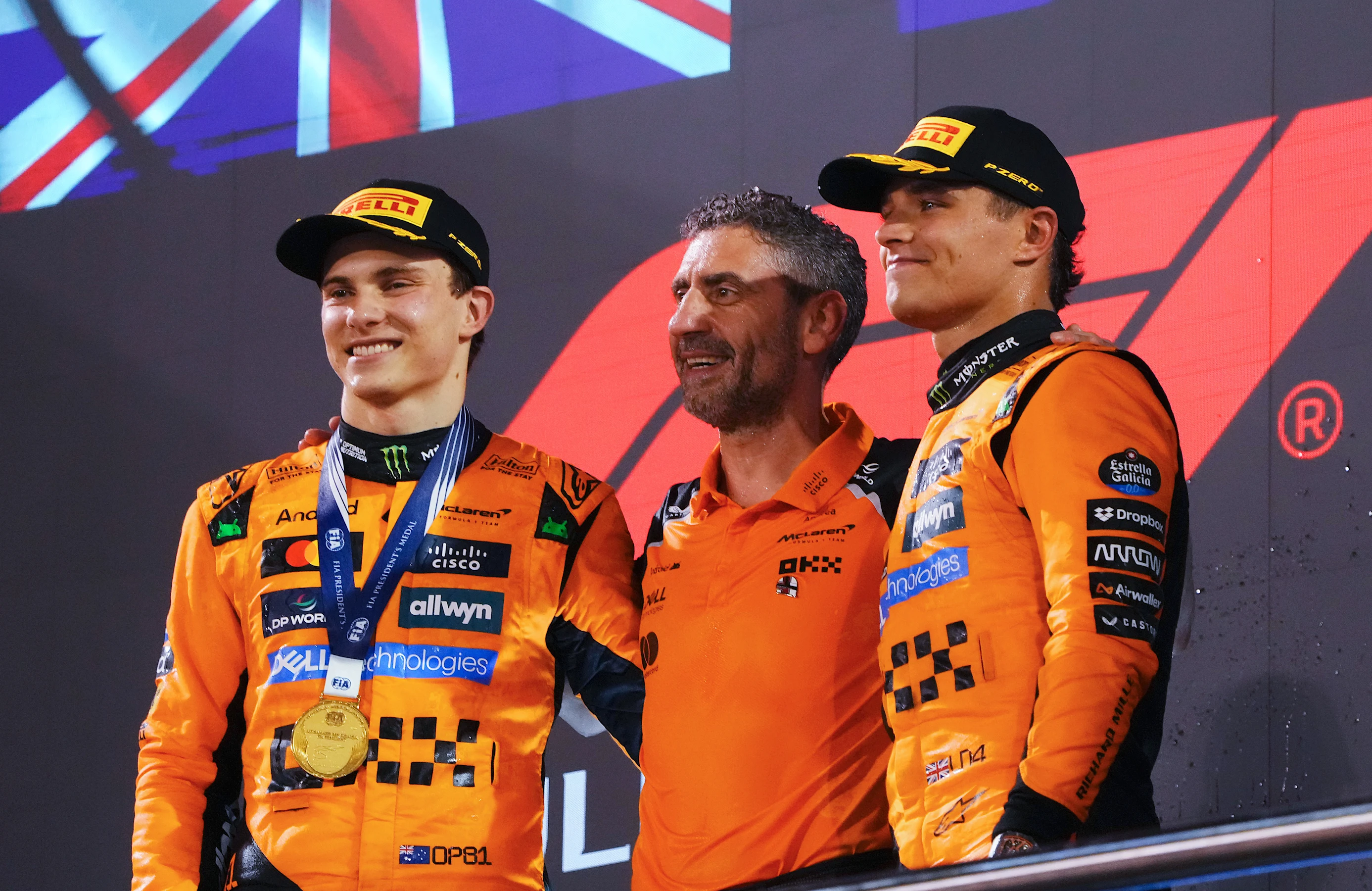 BAHRAIN, BAHRAIN - APRIL 13: Race winner Oscar Piastri of Australia and McLaren Andrea Stella, Team