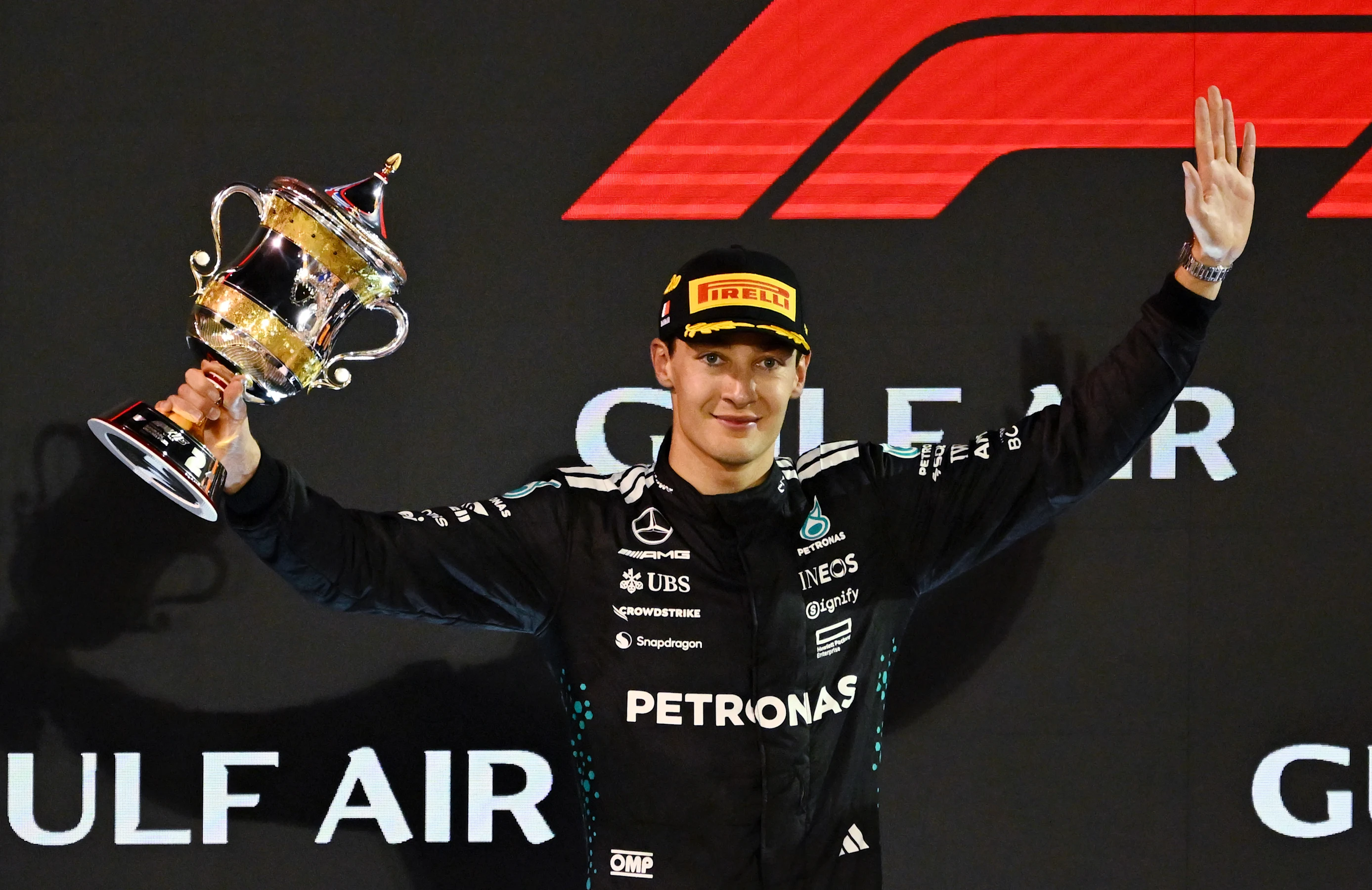 BAHRAIN, BAHRAIN - APRIL 13: Second placed George Russell of Great Britain and Mercedes AMG