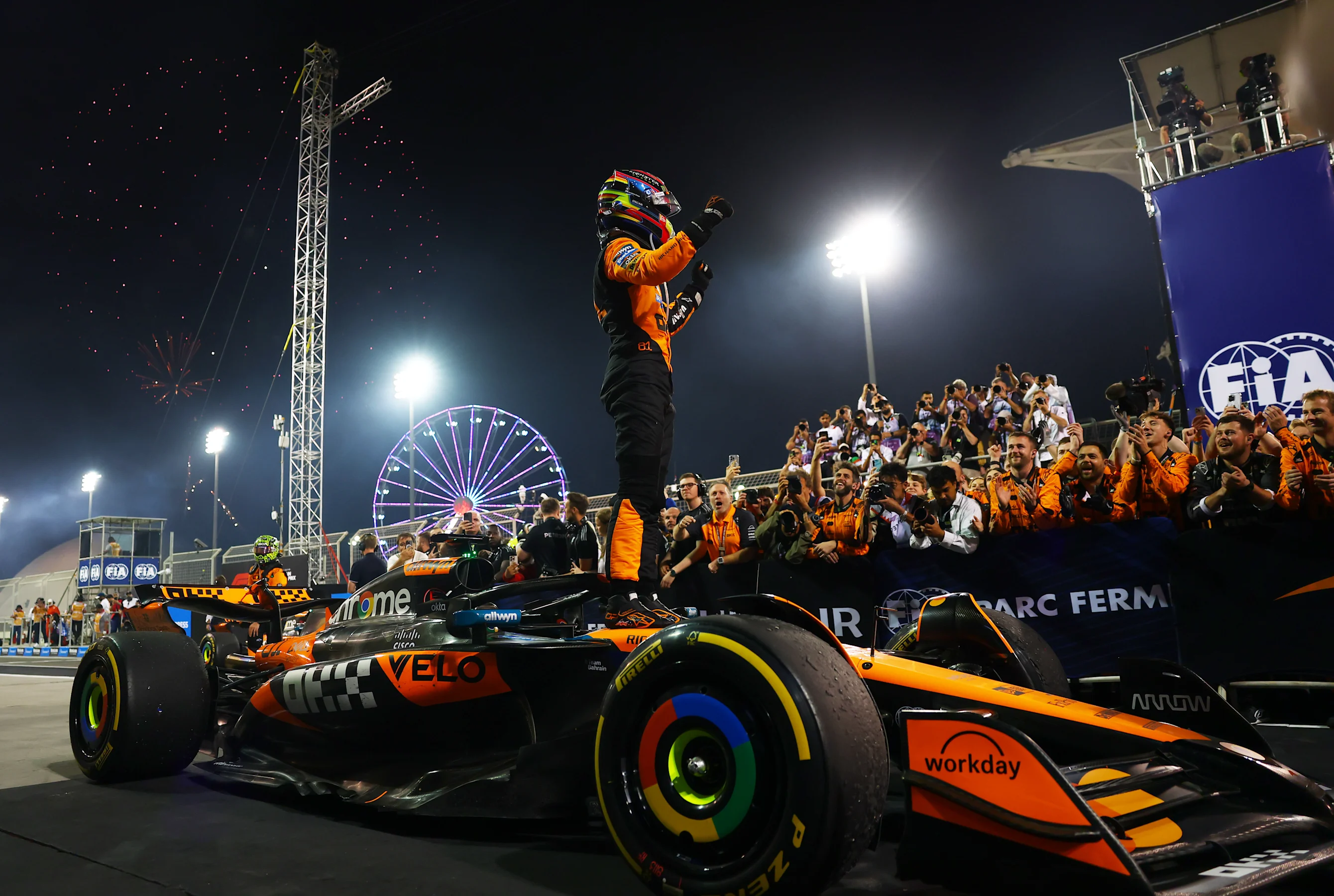 BAHRAIN, BAHRAIN - APRIL 13: Race winner Oscar Piastri of Australia and McLaren arrives in parc