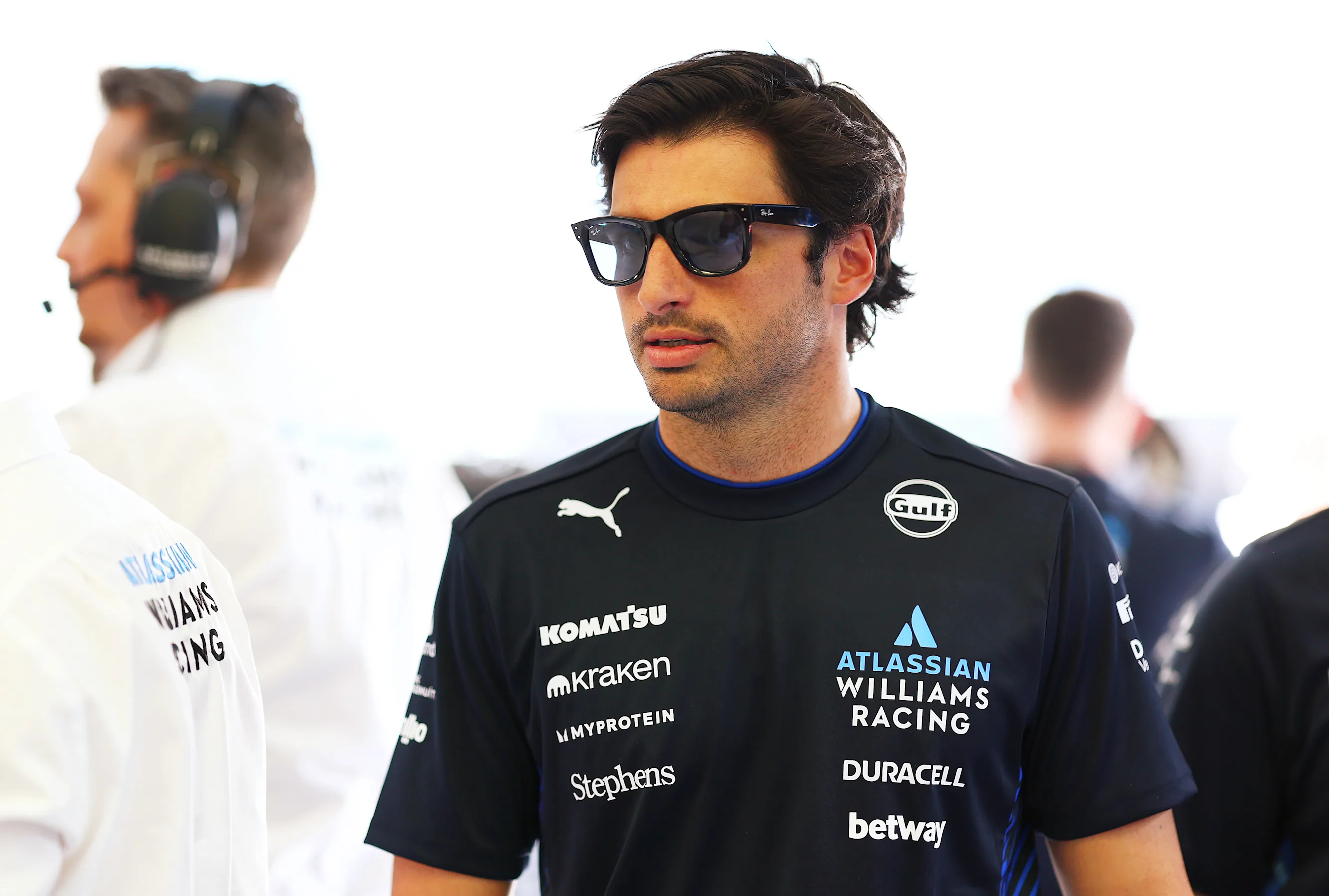 BAHRAIN, BAHRAIN - APRIL 11: Carlos Sainz of Spain and Williams looks on in the garage during
