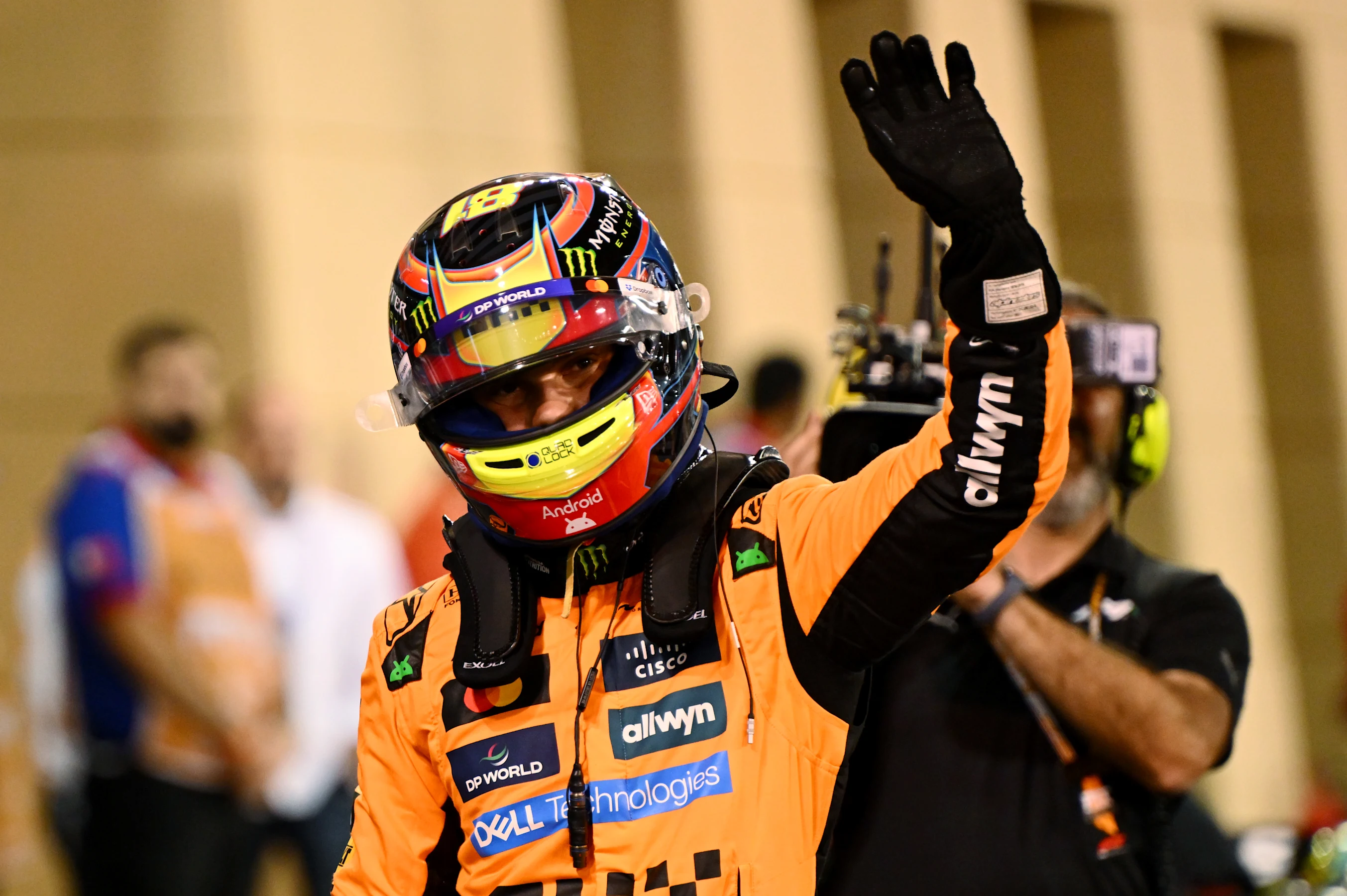 BAHRAIN, BAHRAIN - APRIL 12: Pole position qualifier Oscar Piastri of Australia and McLaren waves