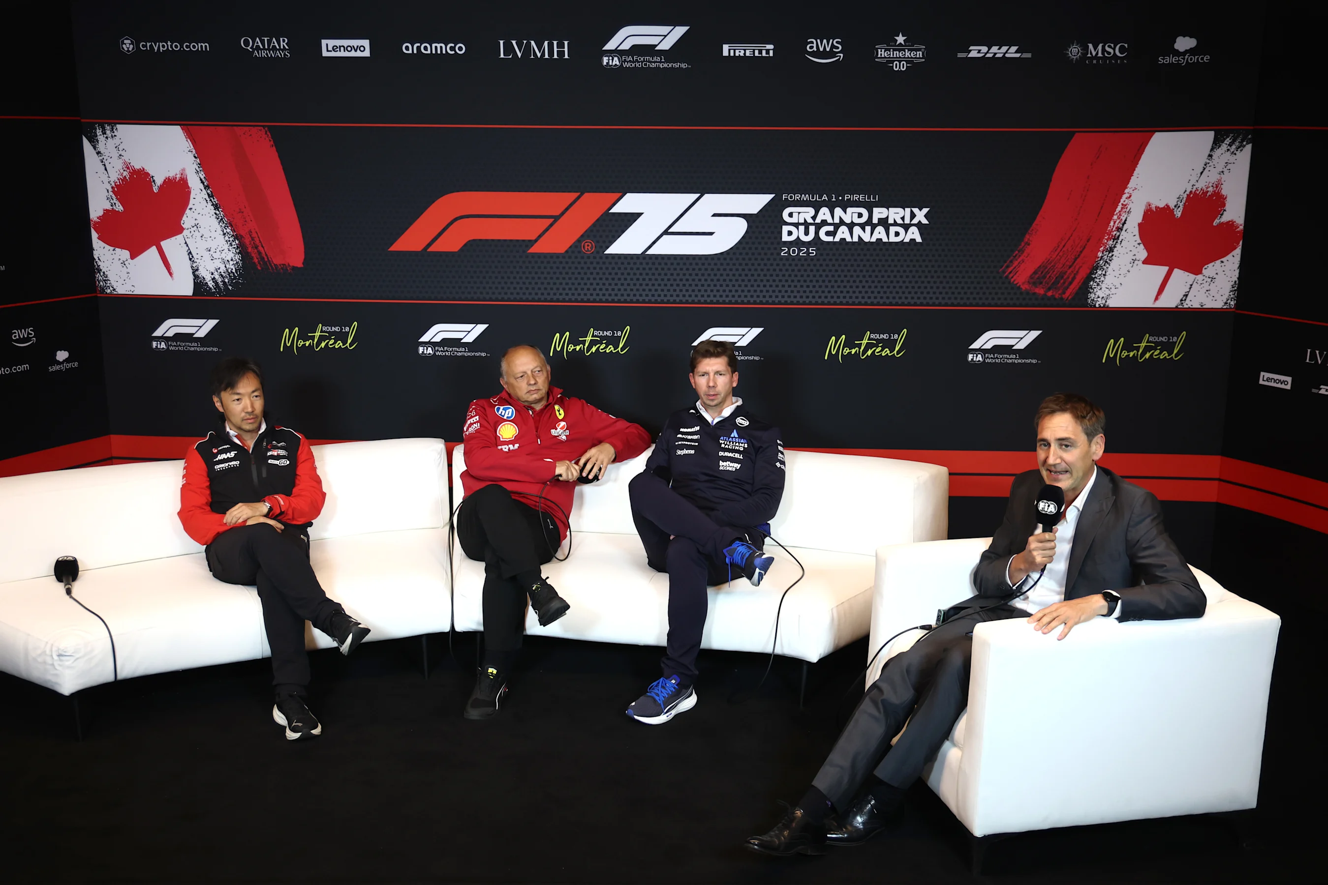 MONTREAL, QUEBEC - JUNE 13: Ayao Komatsu, Team Principal of Haas F1 Frederic Vasseur, Team