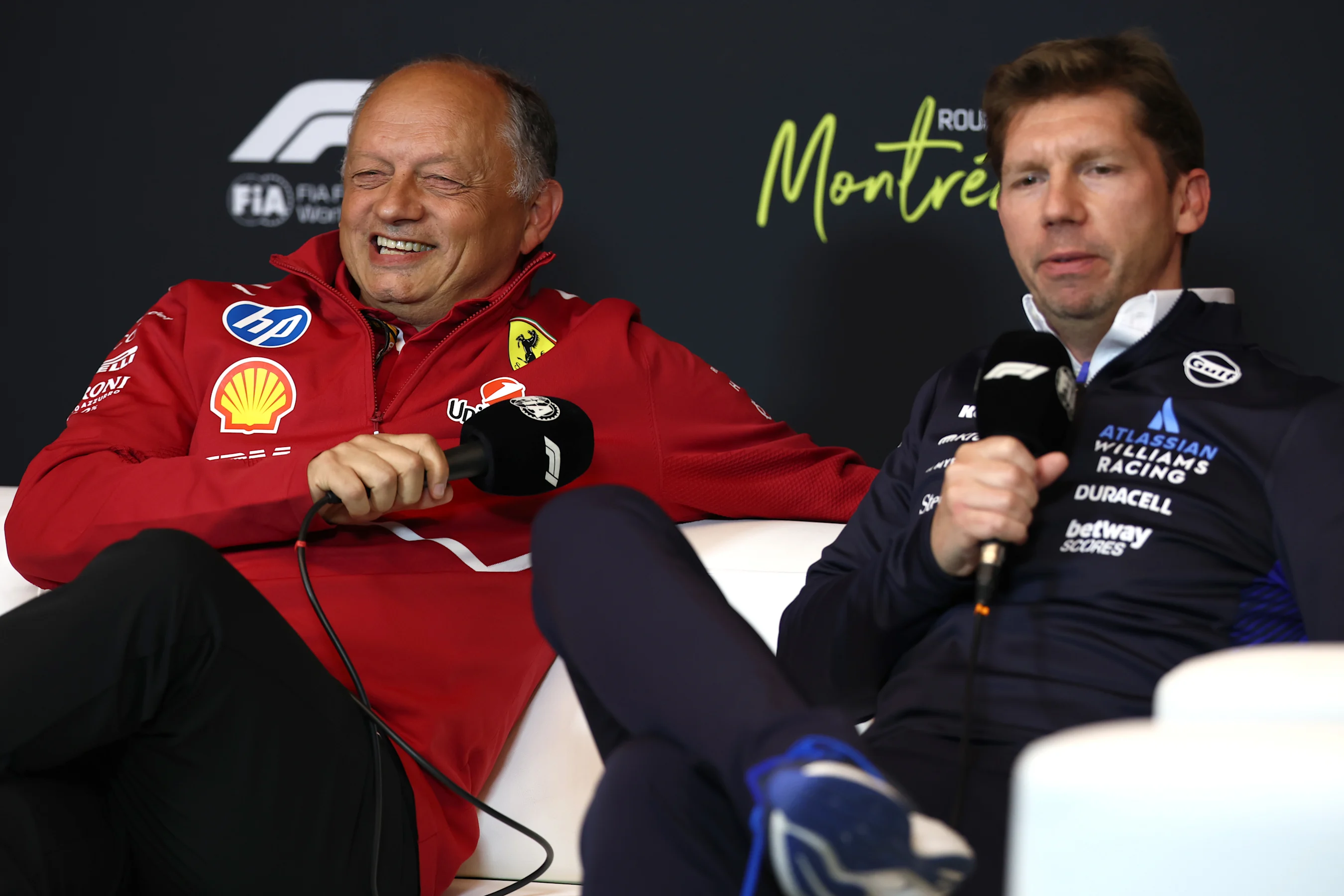 MONTREAL, QUEBEC - JUNE 13: Frederic Vasseur, Team Principal of Scuderia Ferrari and James Vowles,