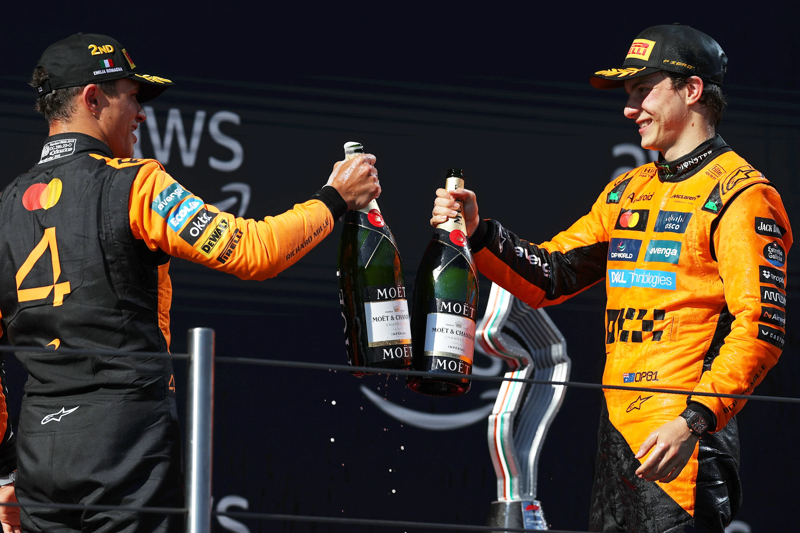 IMOLA, ITALY - MAY 18: Second placed Lando Norris of Great Britain and McLaren and Third placed