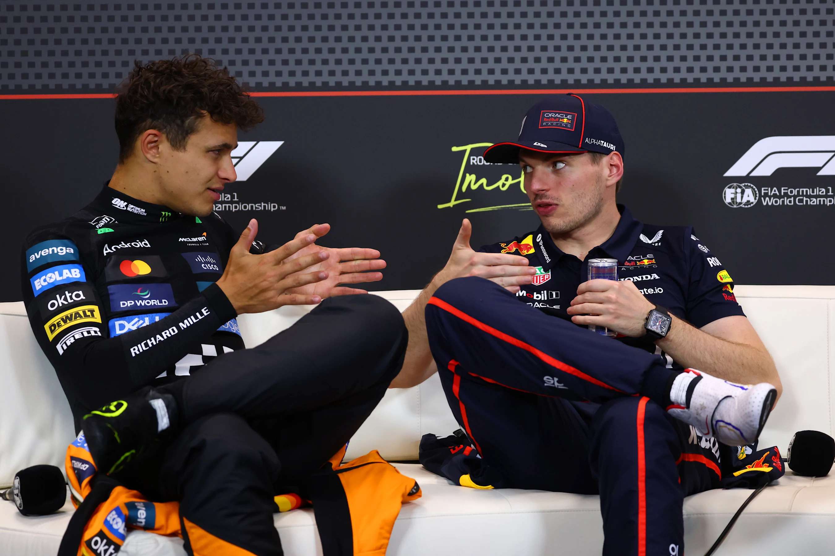 IMOLA, ITALY - MAY 18: Second placed Lando Norris of Great Britain and McLaren and Race winner Max