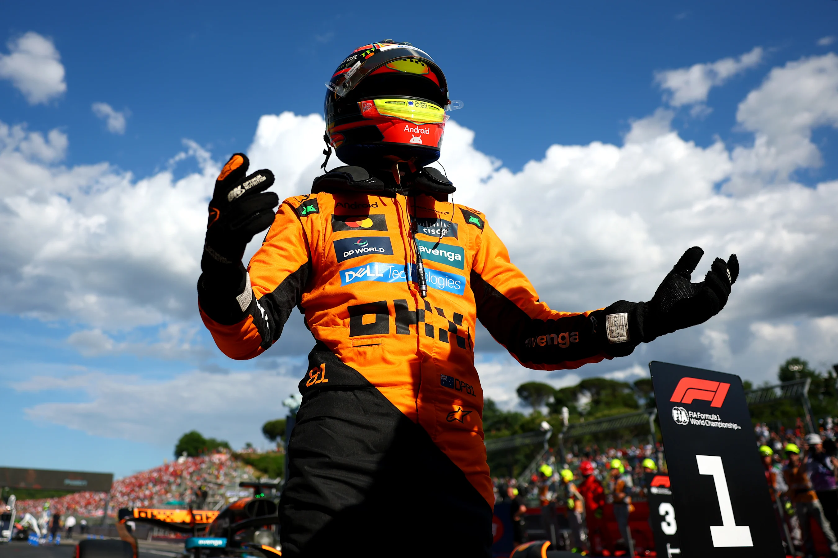 IMOLA, ITALY - MAY 17: Pole position qualifier Oscar Piastri of Australia and McLaren celebrates in