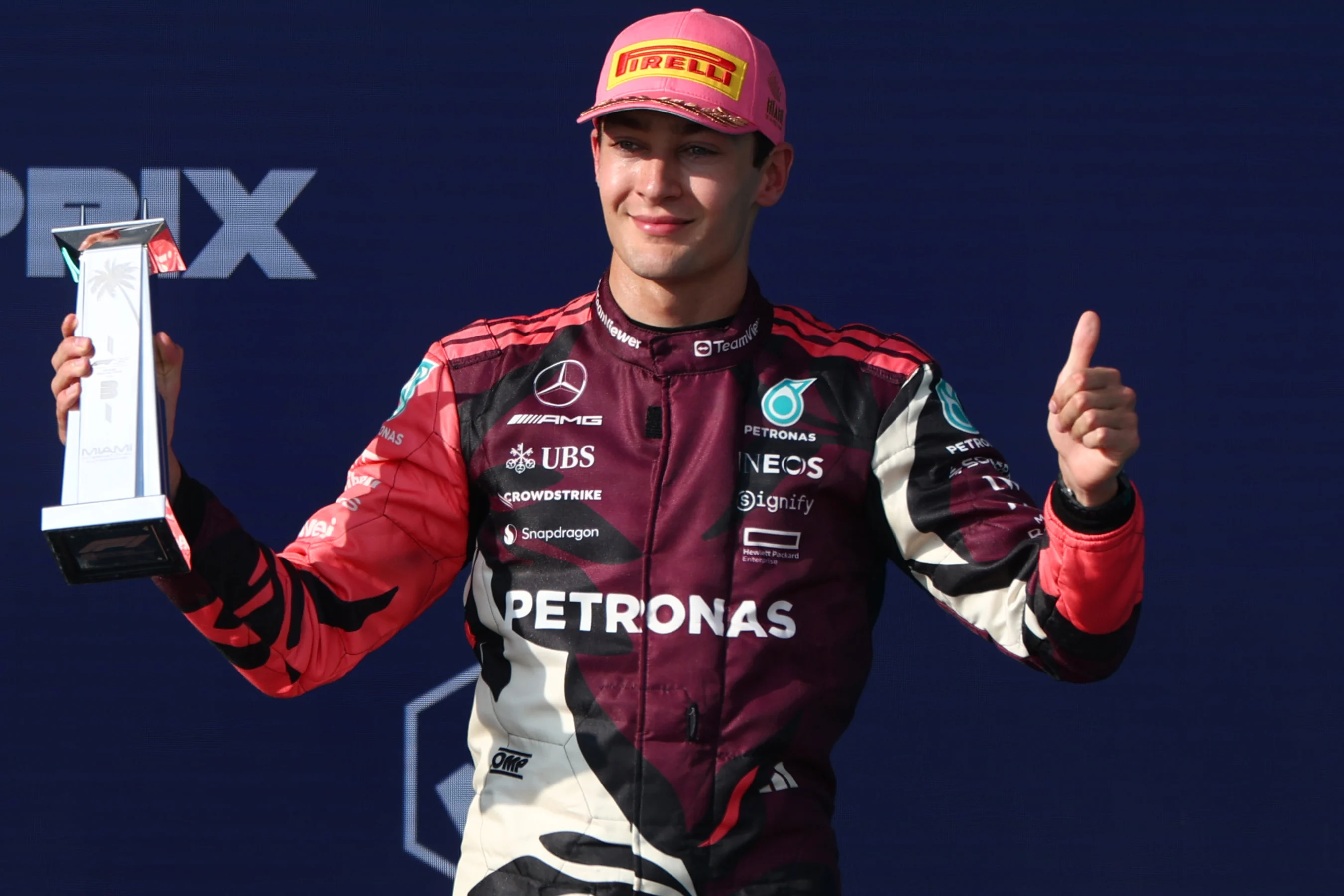 MIAMI, FLORIDA - MAY 04: Third placed George Russell of Great Britain and Mercedes AMG Petronas F1