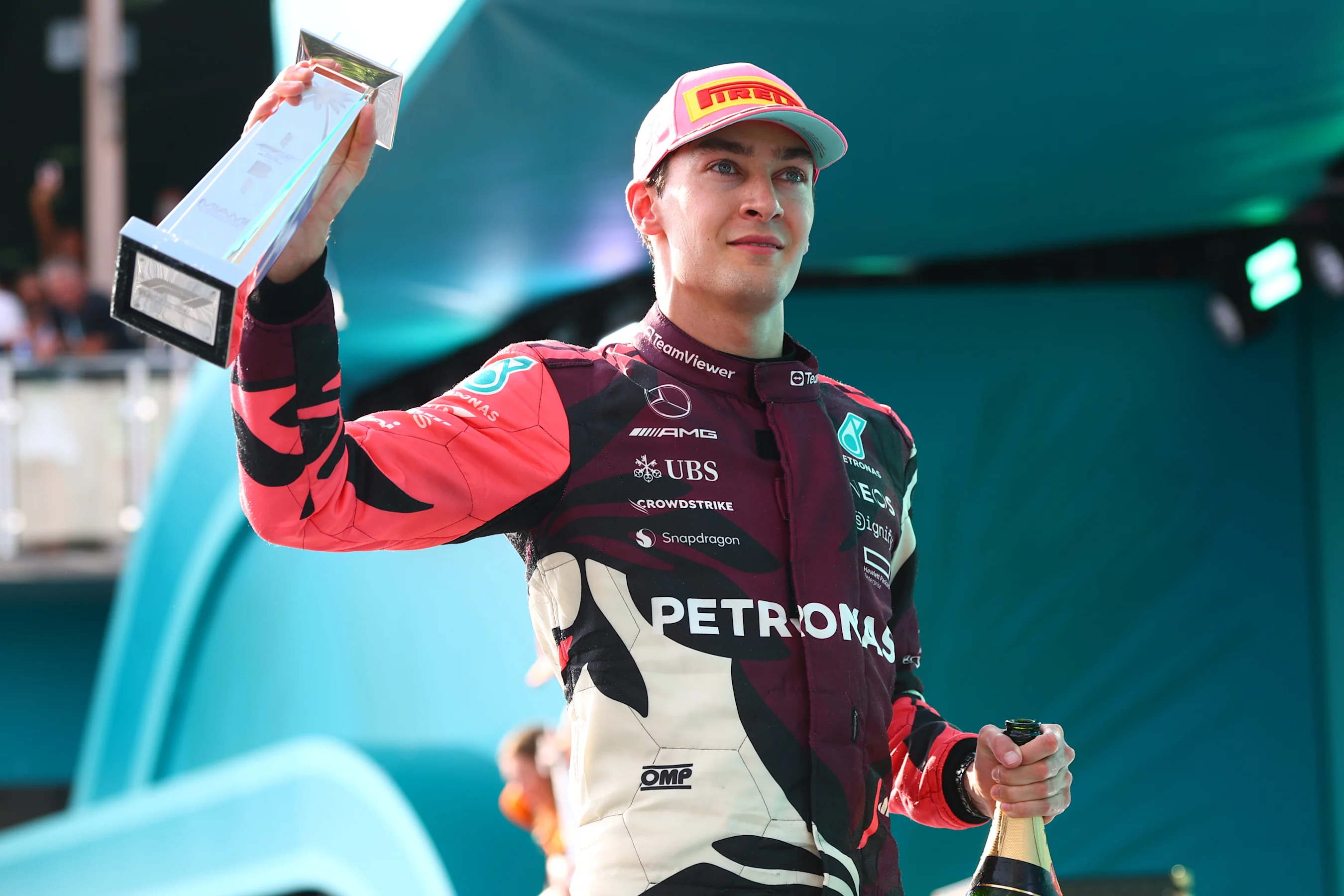 MIAMI, FLORIDA - MAY 04: Third placed George Russell of Great Britain and Mercedes AMG Petronas F1