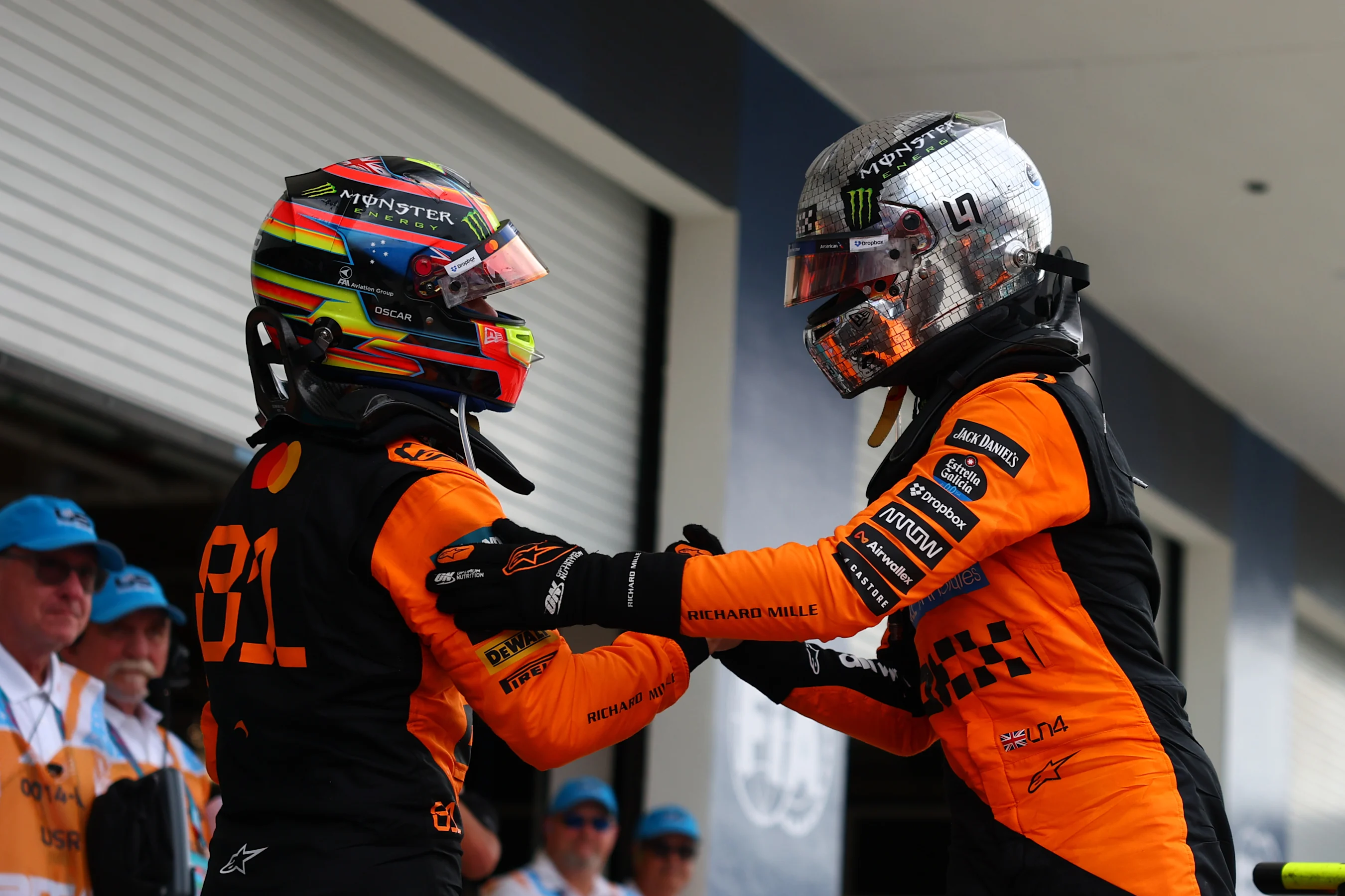MIAMI, FLORIDA - MAY 04: Race winner Oscar Piastri of Australia and McLaren and Second placed Lando