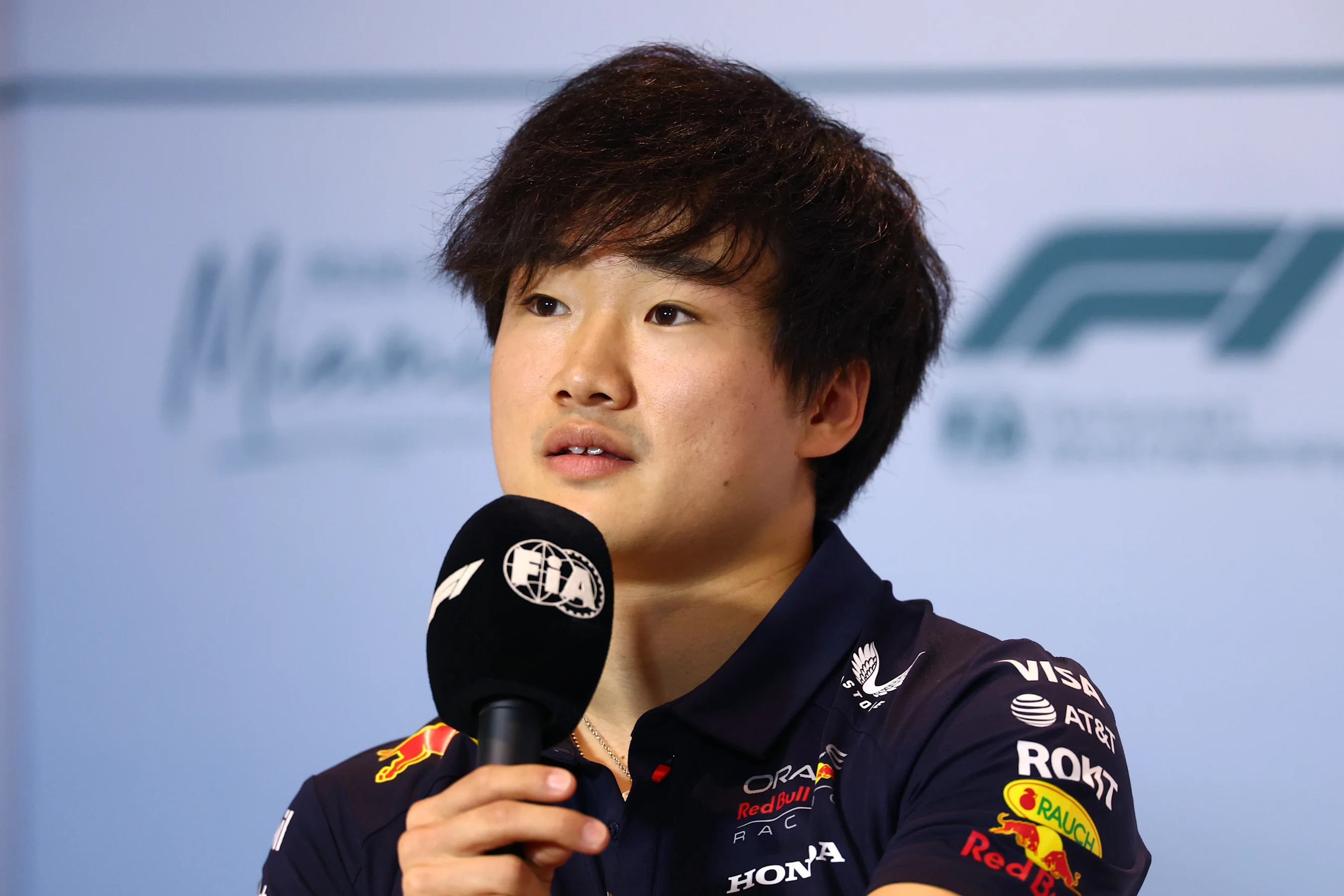 MIAMI, FLORIDA - MAY 01: Yuki Tsunoda of Japan and Oracle Red Bull Racing speaks in the Drivers