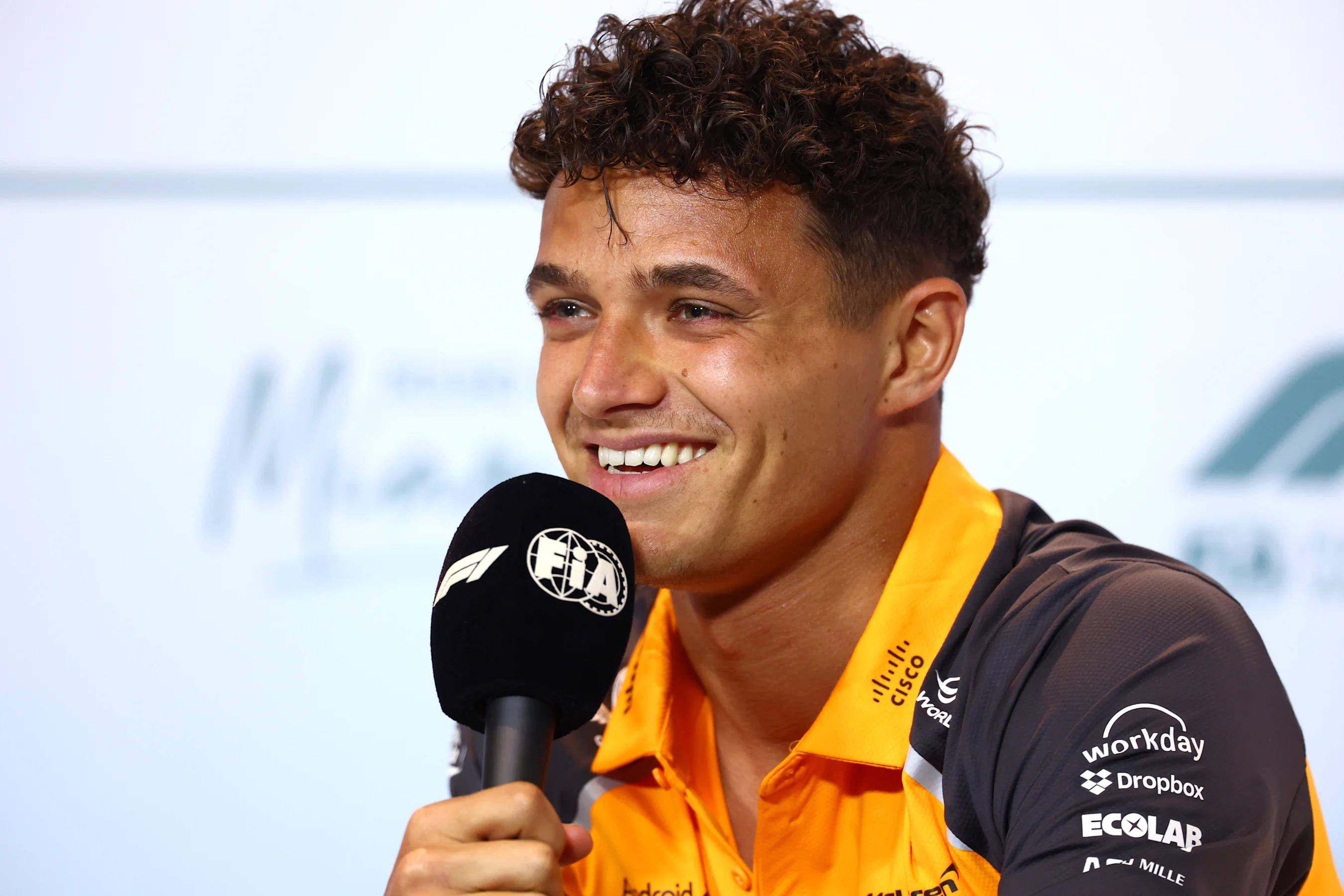 MIAMI, FLORIDA - MAY 01: Lando Norris of Great Britain and McLaren speaks in the Drivers Press