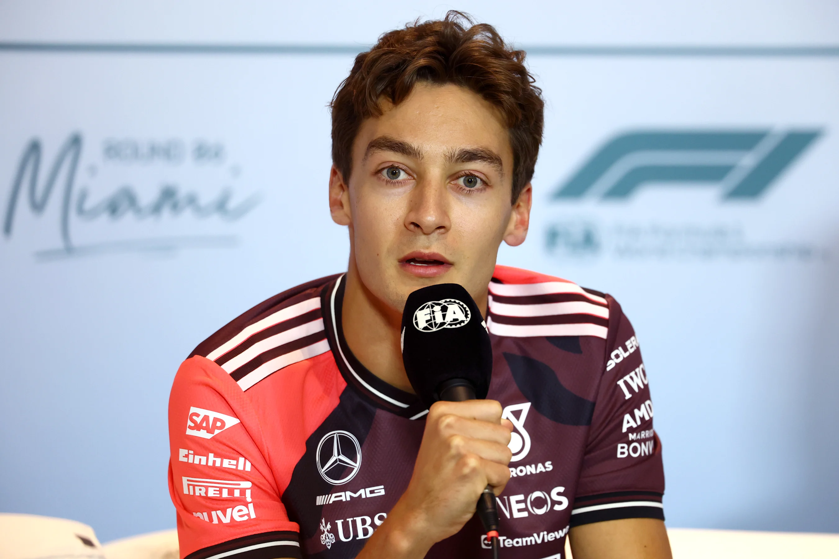 MIAMI, FLORIDA - MAY 01: George Russell of Great Britain and Mercedes AMG Petronas F1 Team speaks
