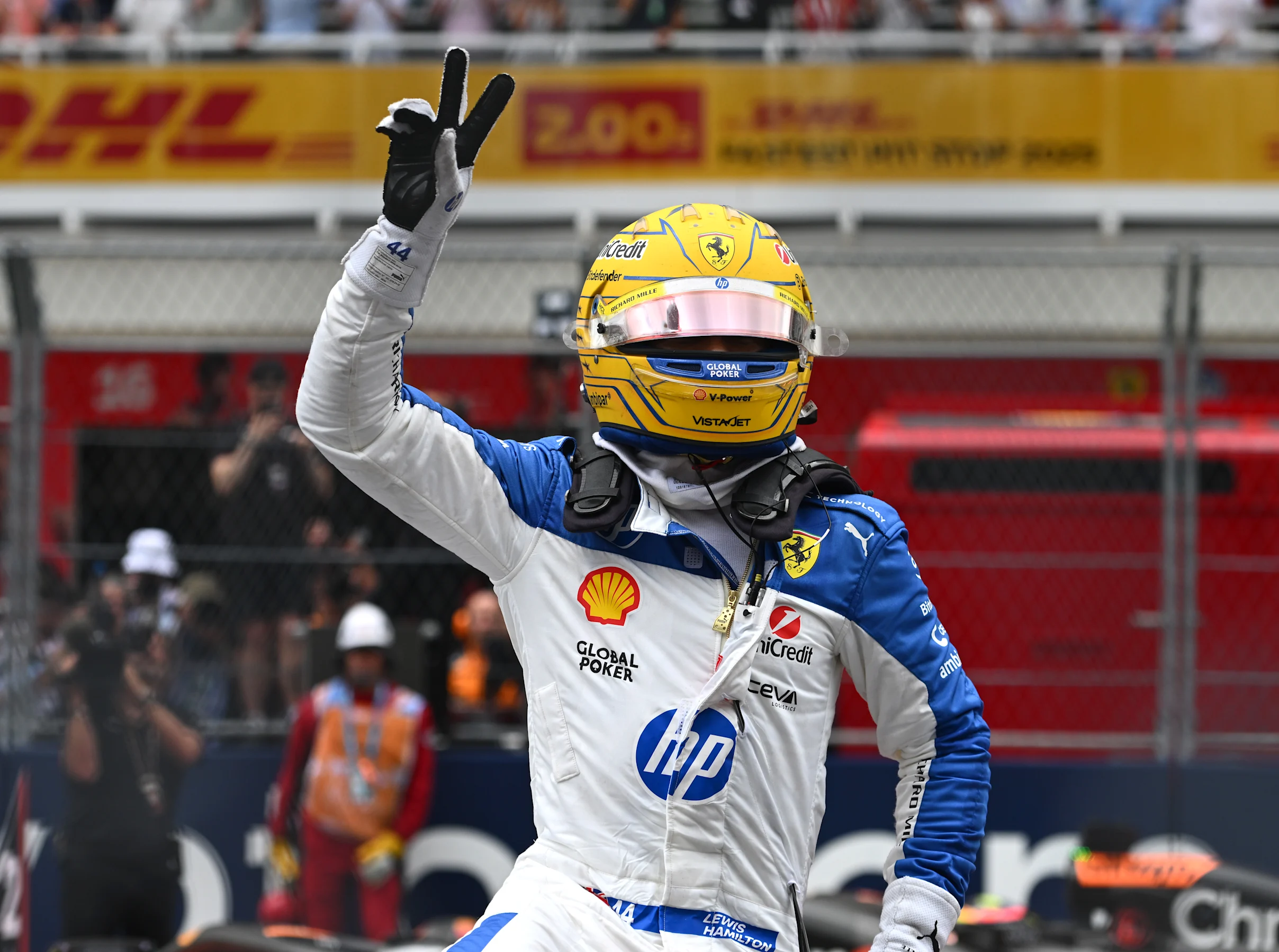 MIAMI, FLORIDA - MAY 03: Third placed Lewis Hamilton of Great Britain and Scuderia Ferrari