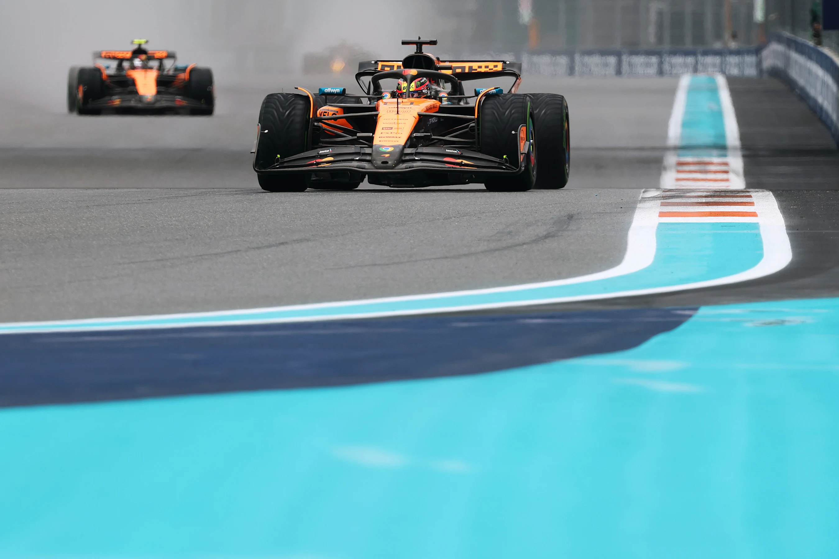 MIAMI, FLORIDA - MAY 03: Oscar Piastri of Australia driving the (81) McLaren MCL39 Mercedes leads