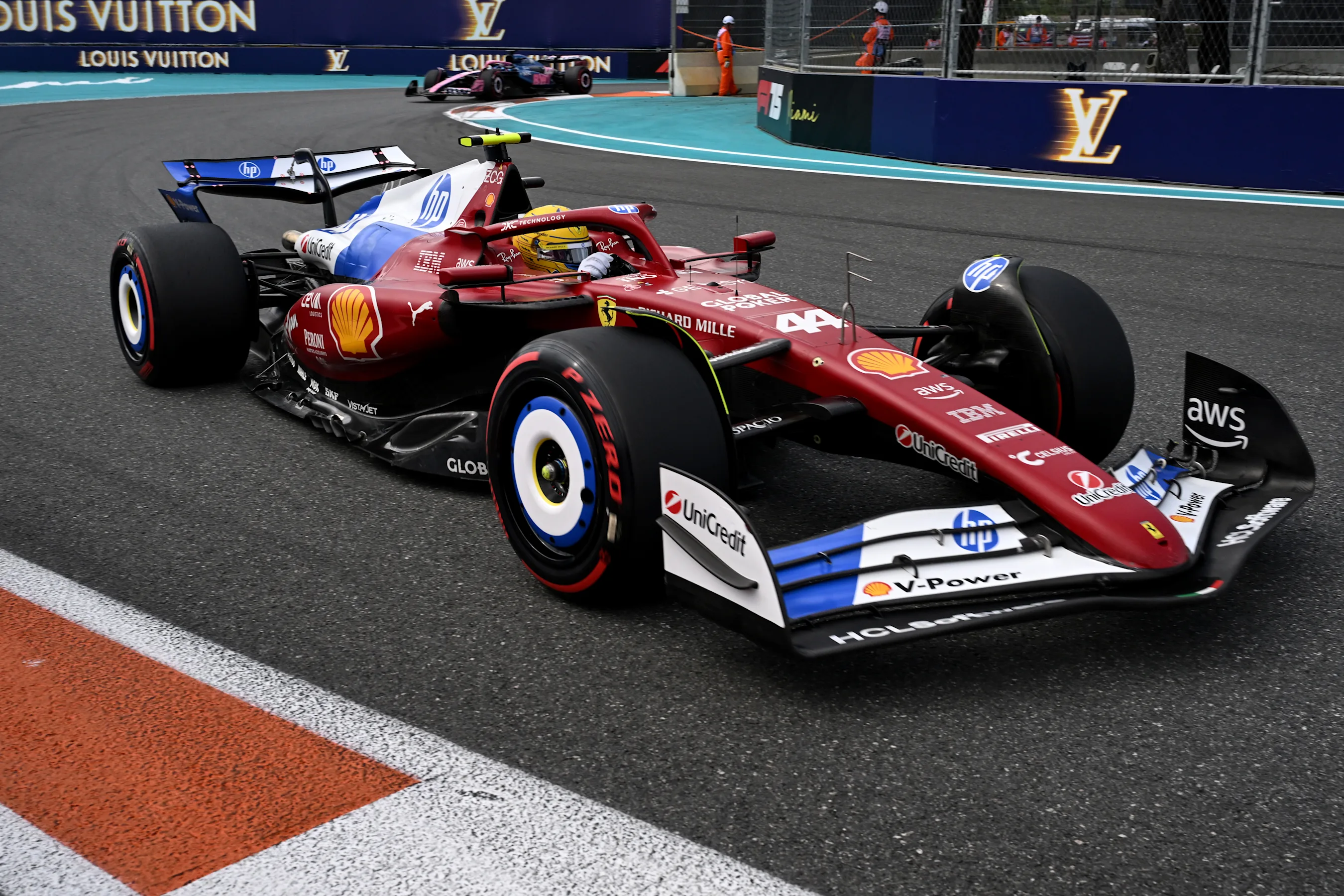 MIAMI, FLORIDA - MAY 03: Lewis Hamilton of Great Britain driving the (44) Scuderia Ferrari SF-25 on