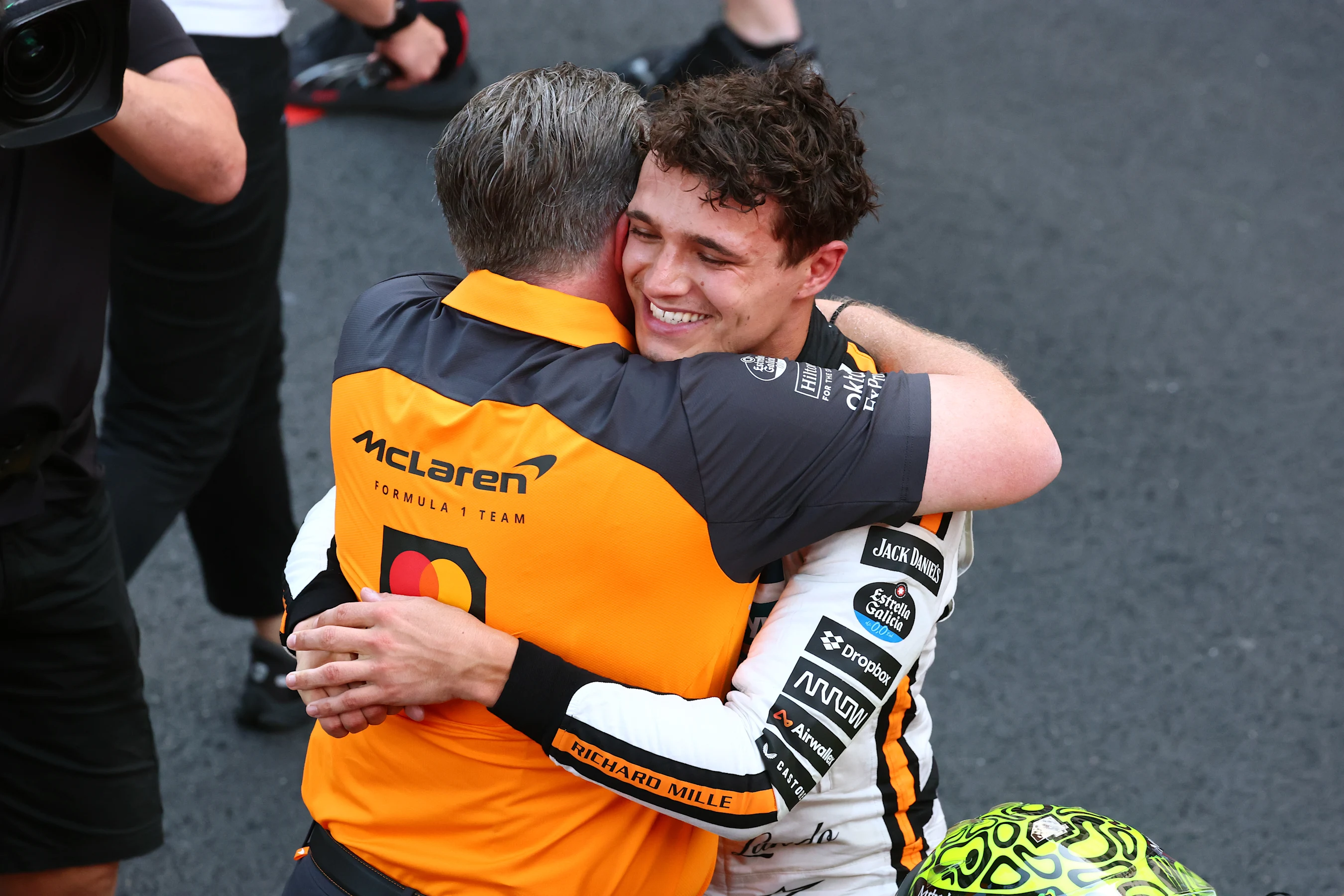 MONTE-CARLO, MONACO - MAY 25: Race winner Lando Norris of Great Britain and McLaren embraces Zak