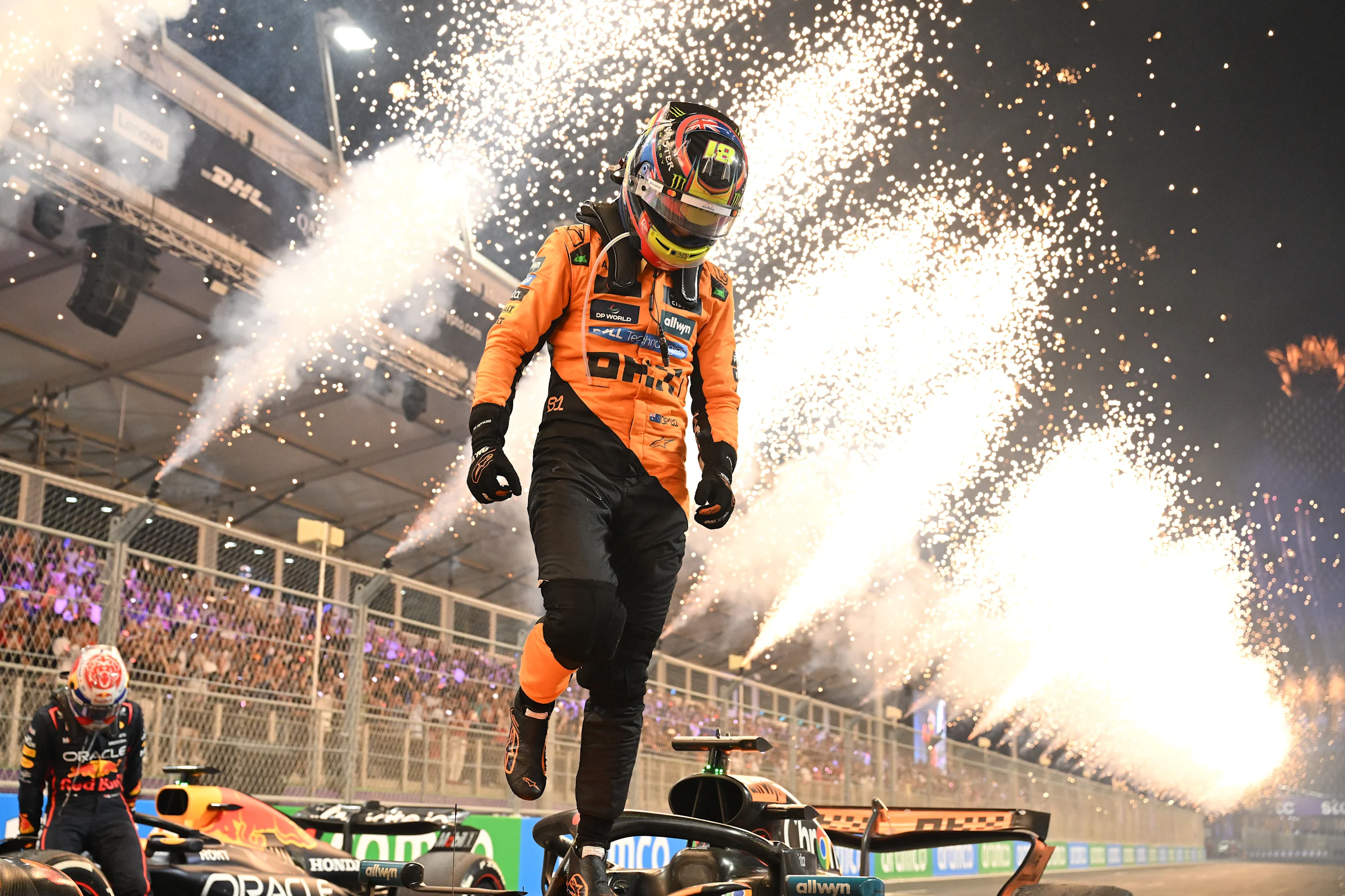 JEDDAH, SAUDI ARABIA - APRIL 20: Race winner Oscar Piastri of Australia and McLaren arrives in parc