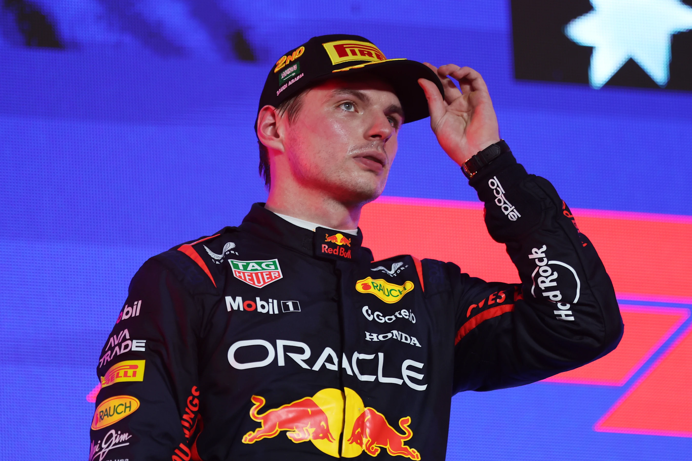 JEDDAH, SAUDI ARABIA - APRIL 20: Second placed Max Verstappen of the Netherlands and Oracle Red