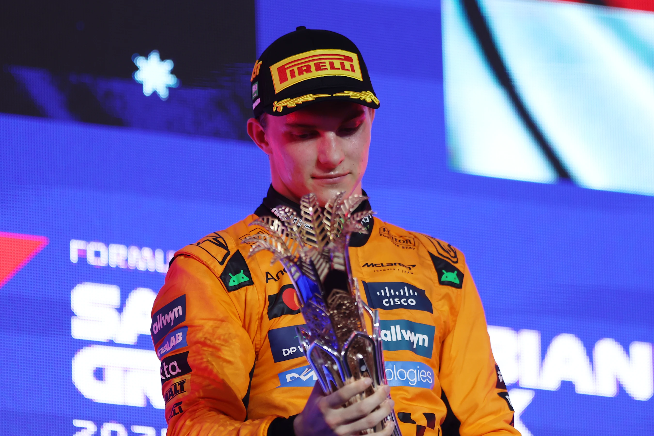 JEDDAH, SAUDI ARABIA - APRIL 20: Race winner Oscar Piastri of Australia and McLaren on the podium