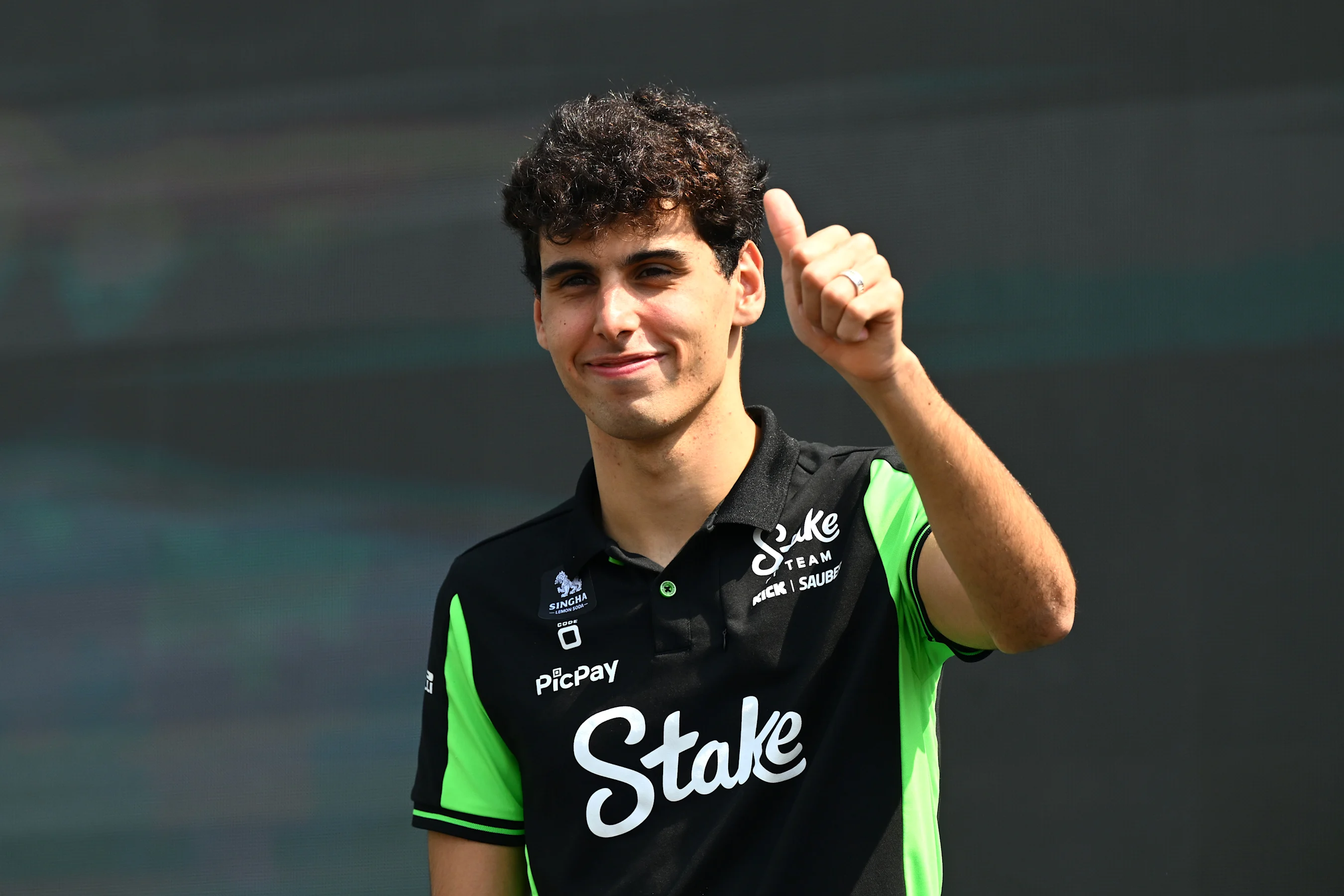 JEDDAH, SAUDI ARABIA - APRIL 18: Gabriel Bortoleto of Brazil and Stake F1 Team Kick Sauber on stage
