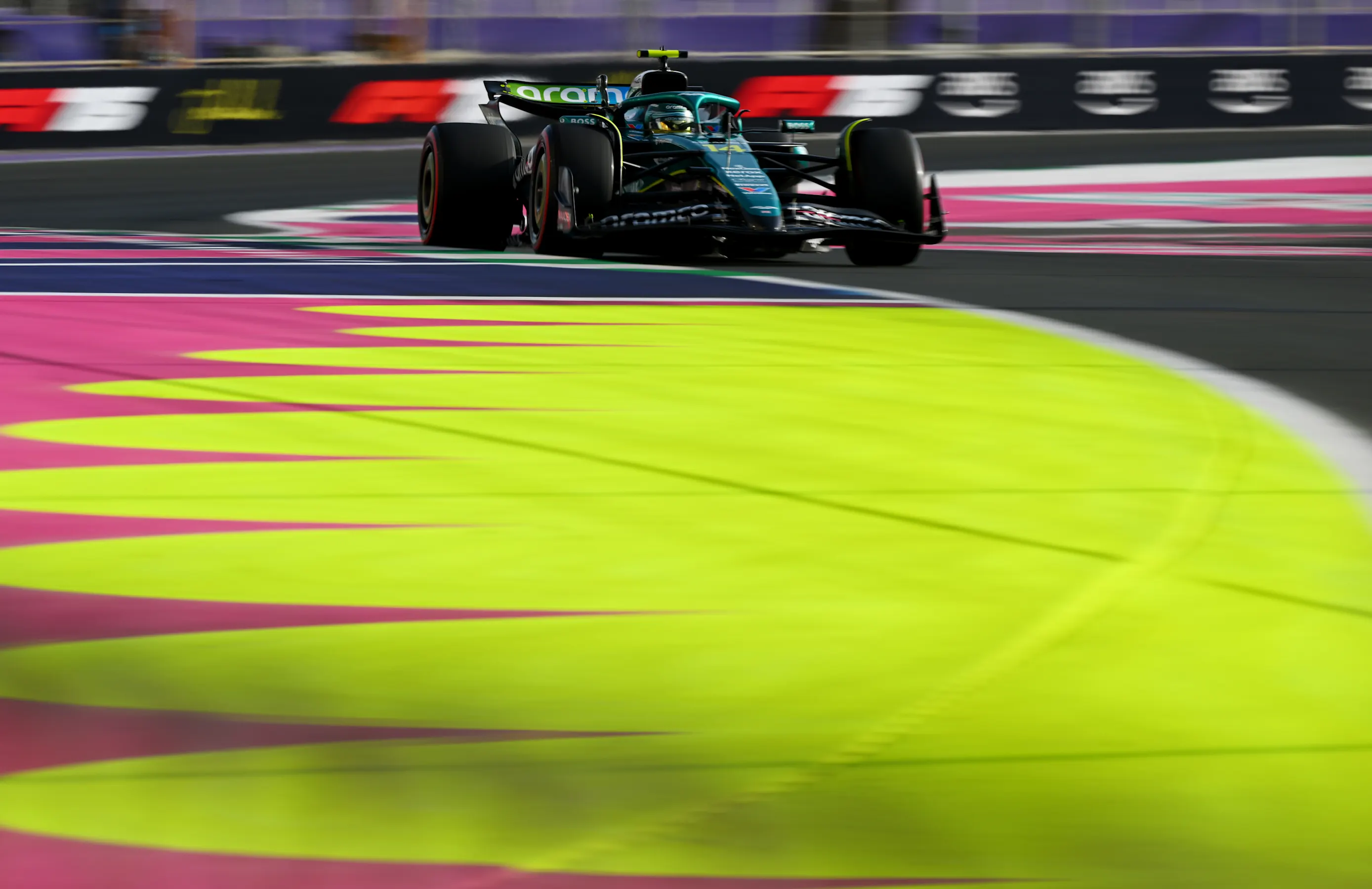 JEDDAH, SAUDI ARABIA - APRIL 19: Fernando Alonso of Spain driving the (14) Aston Martin F1 Team