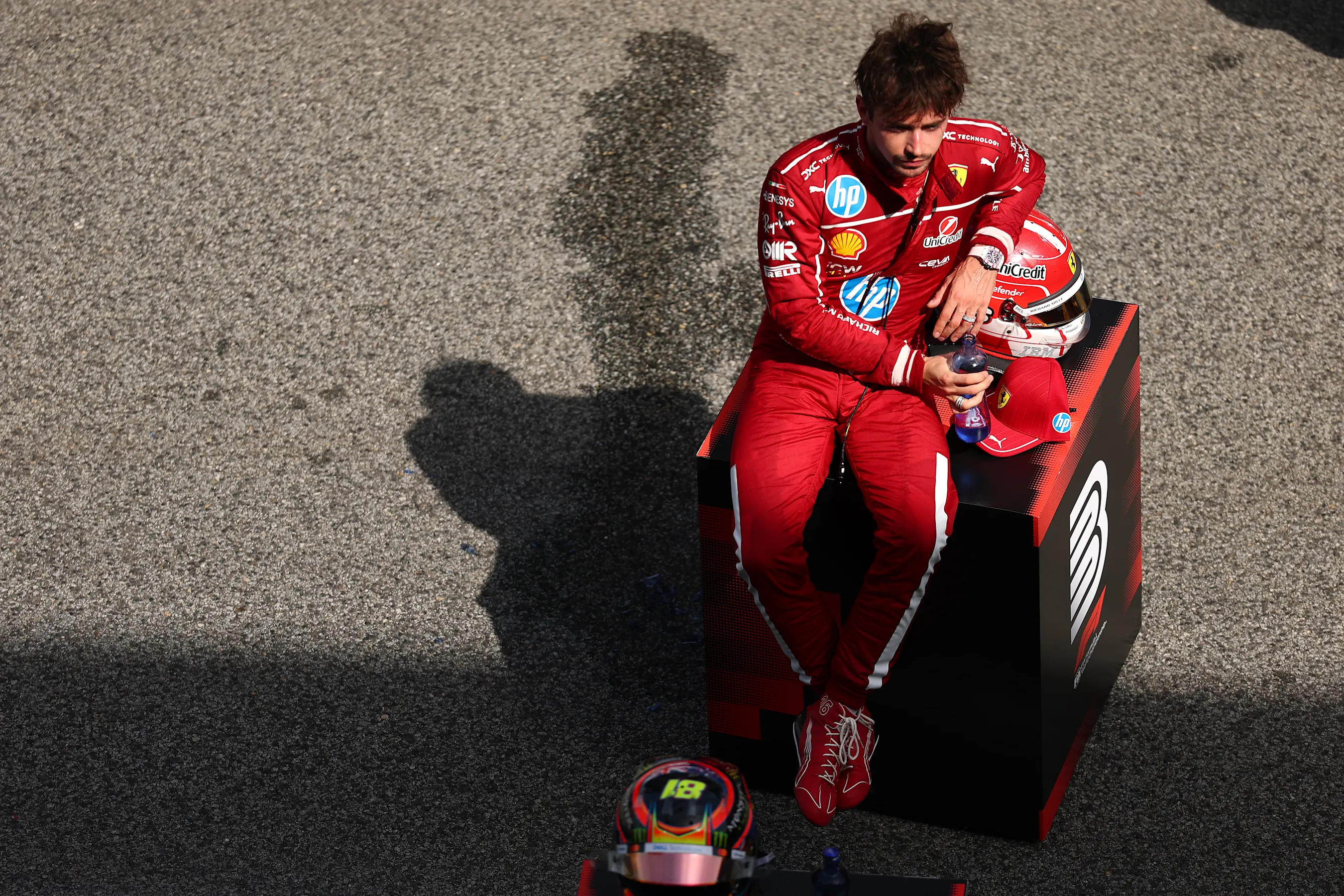 BARCELONA, SPAIN - JUNE 01: Third placed Charles Leclerc of Monaco and Scuderia Ferrari looks on in