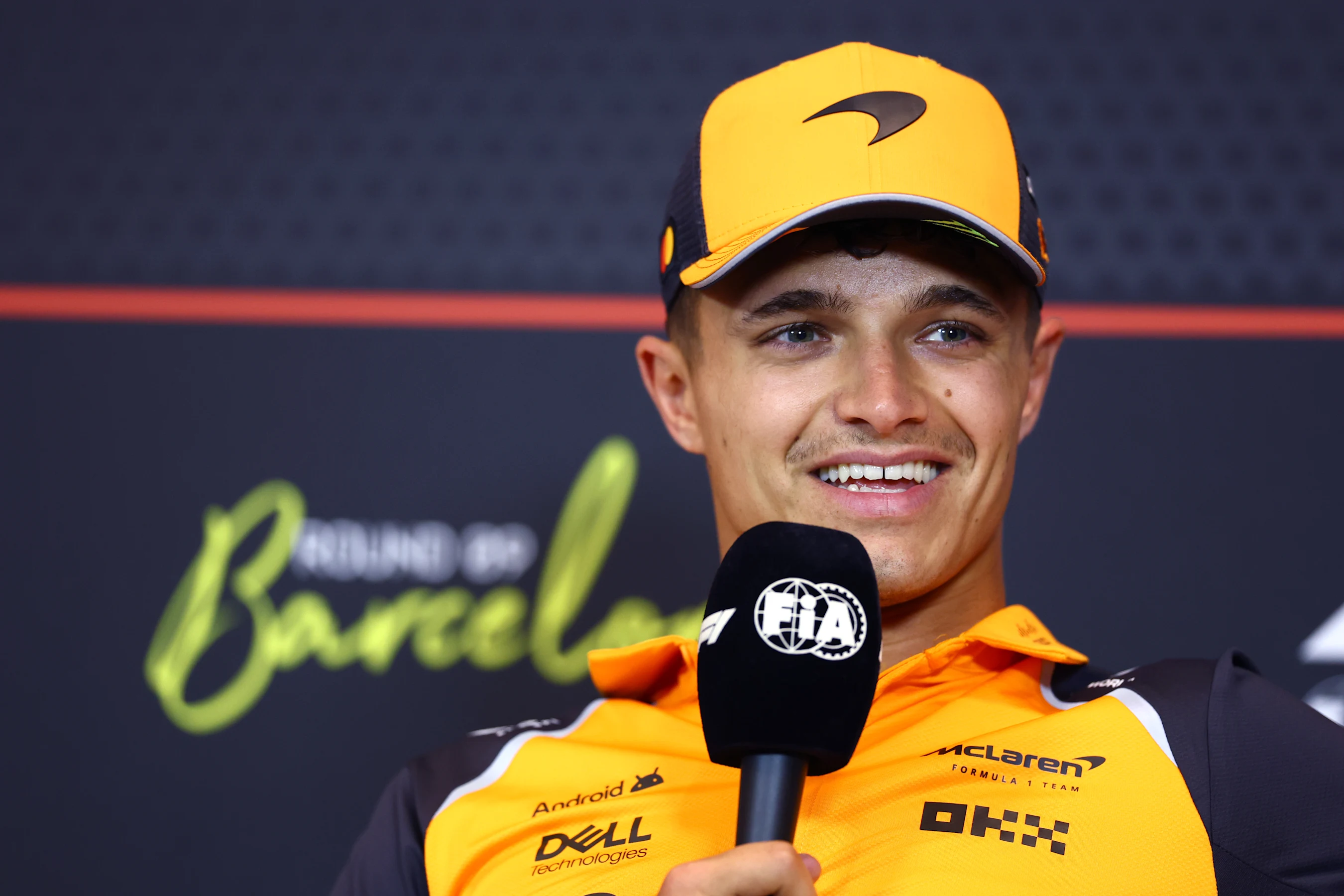 BARCELONA, SPAIN - MAY 29: Lando Norris of Great Britain and McLaren speaks in the Drivers Press