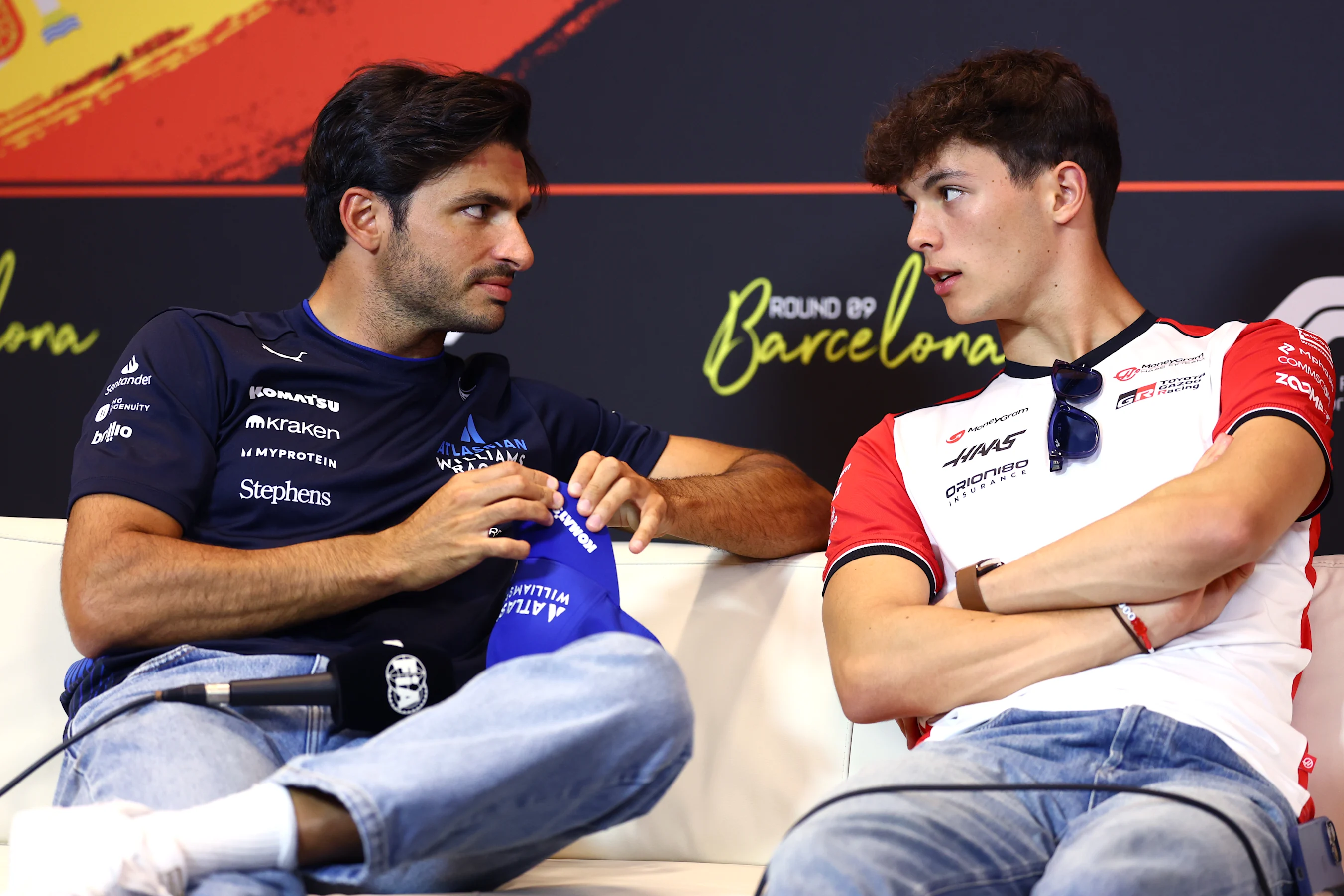BARCELONA, SPAIN - MAY 29: Carlos Sainz of Spain and Williams and Oliver Bearman of Great Britain