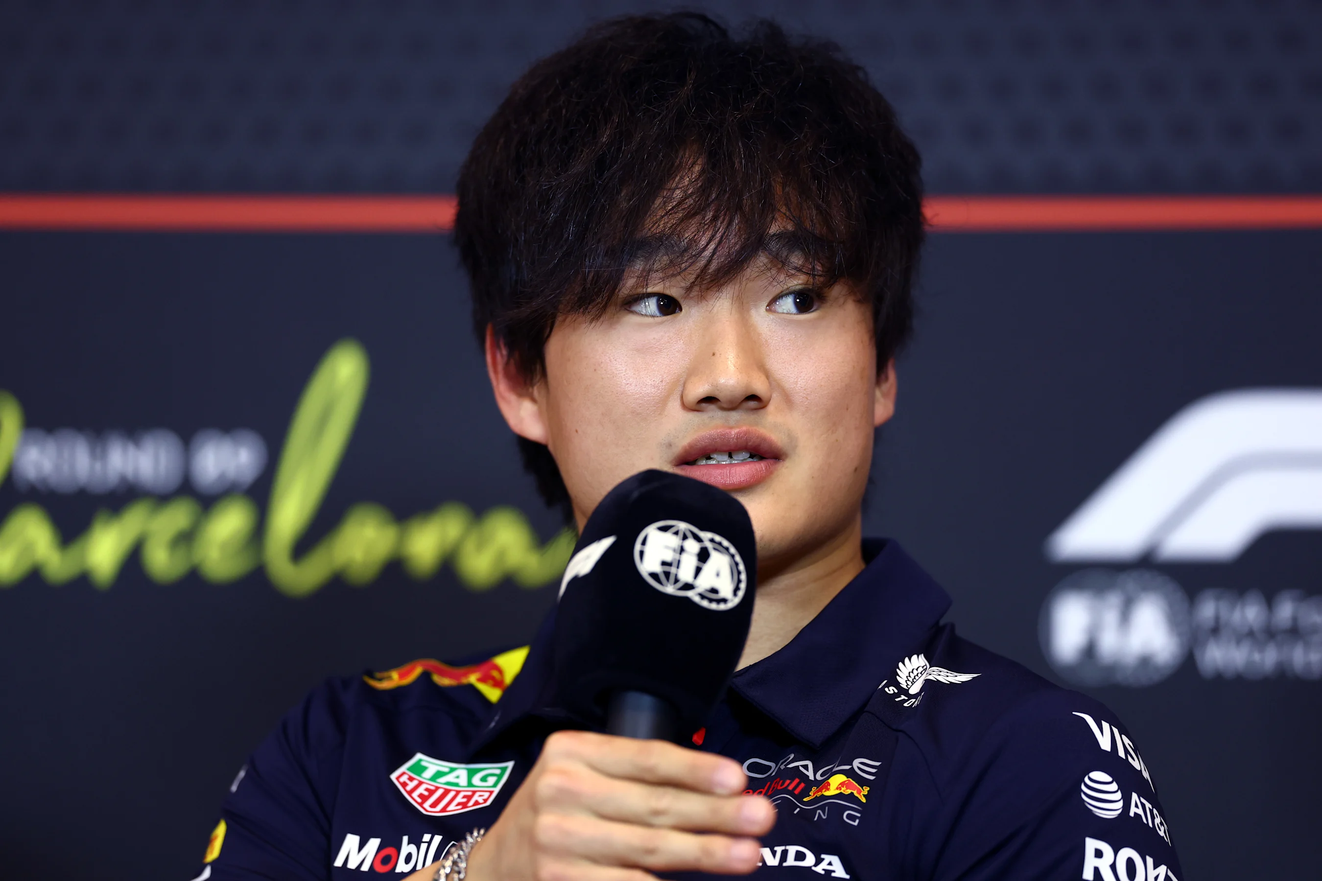 BARCELONA, SPAIN - MAY 29: Yuki Tsunoda of Japan and Oracle Red Bull Racing speaks in the Drivers