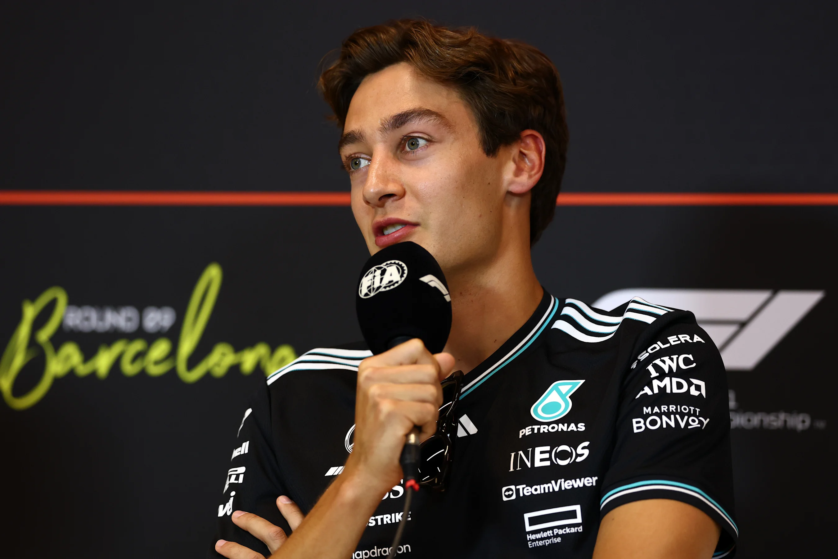 BARCELONA, SPAIN - MAY 29: George Russell of Great Britain and Mercedes AMG Petronas F1 Team speaks