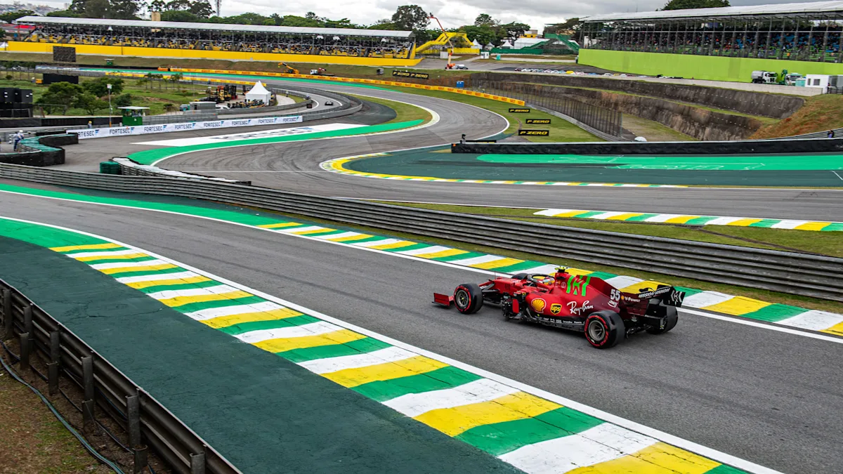A lone Ferrari on track at Interlagos.