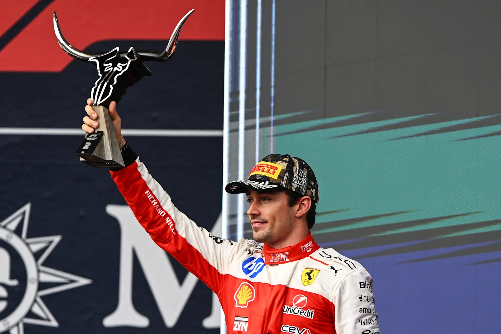 Charles Leclerc celebrates second place at the 2026 United States Grand Prix