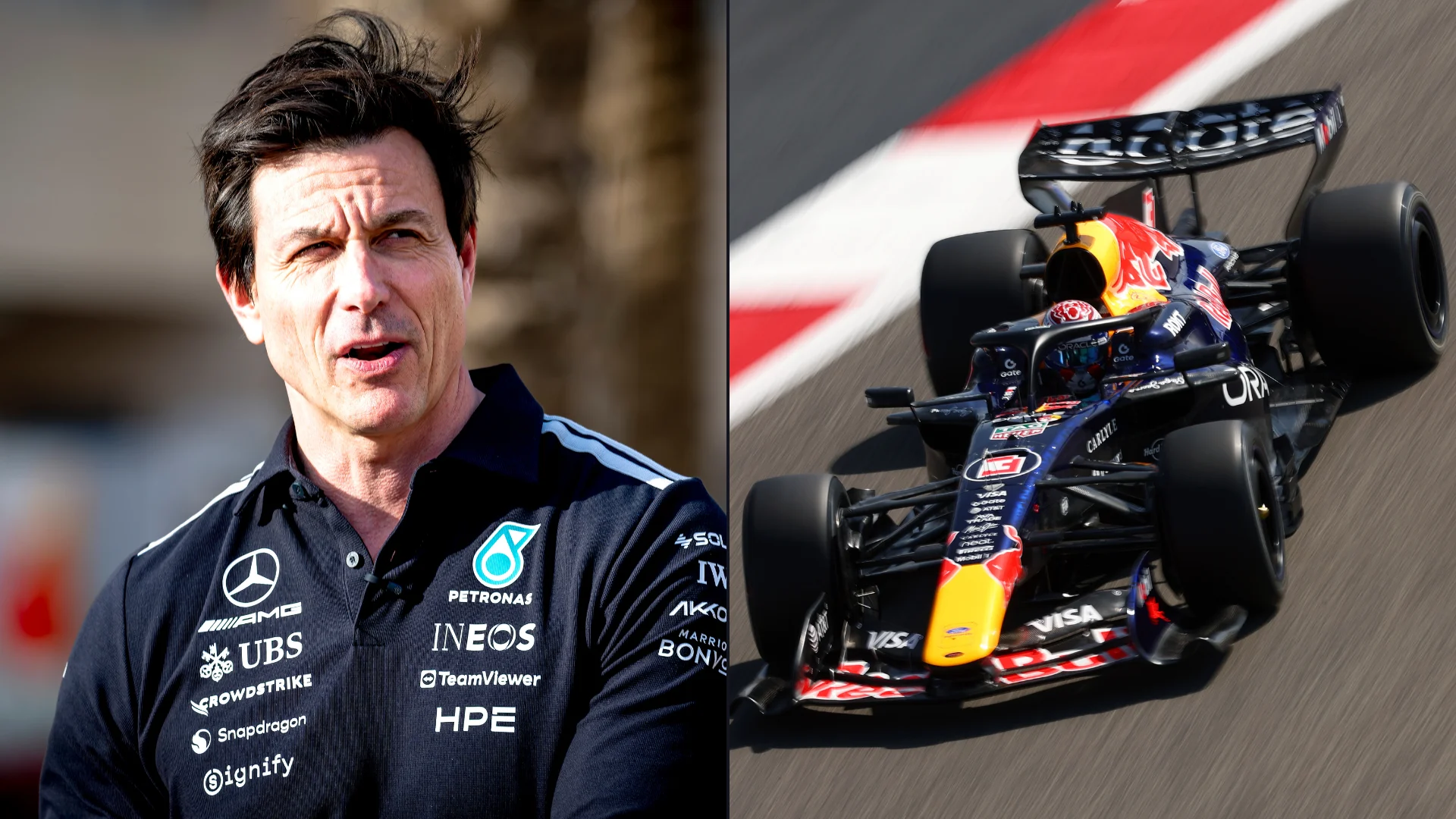 Toto Wolff observing Red Bull's performance during testing at Sakhir