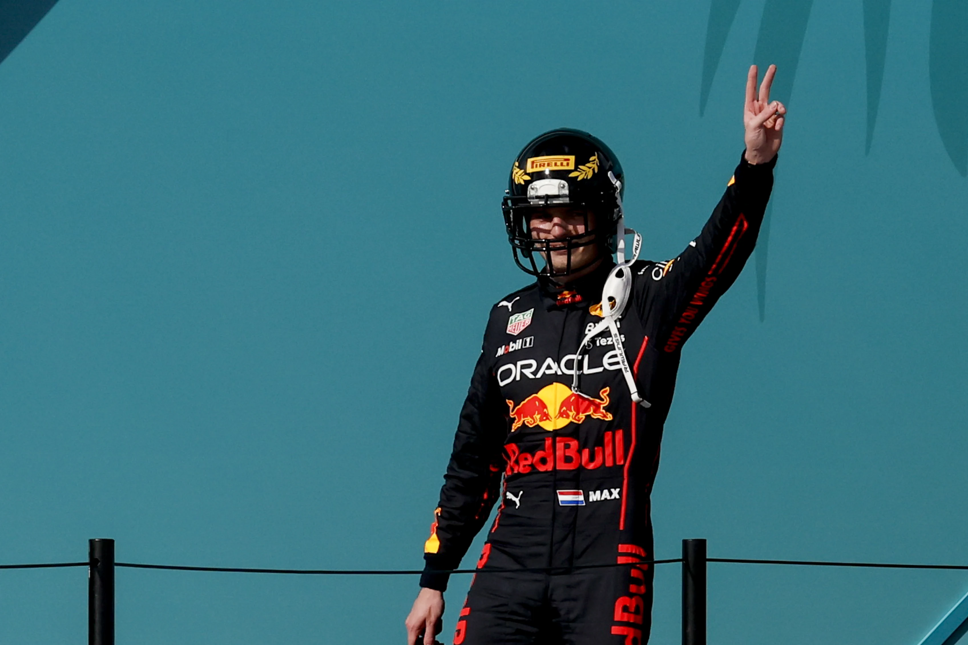 MIAMI GARDENS, FLORIDA - MAY 08: Belgian-Dutch driver Max Verstappen of Red Bull Racing celebrates