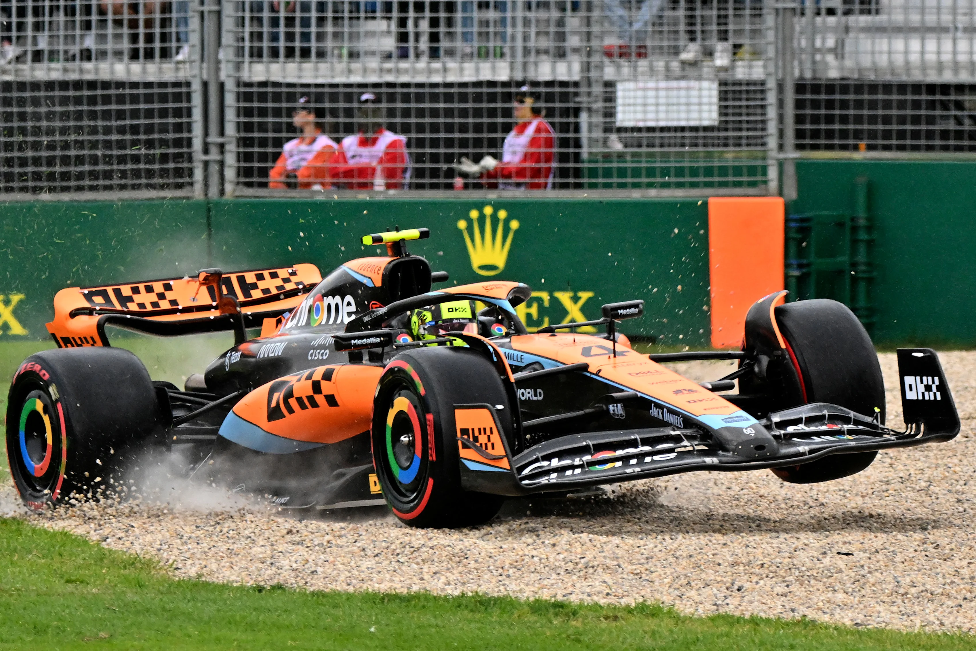 McLaren's British driver Lando Norris recovers after going off the track during the second practice