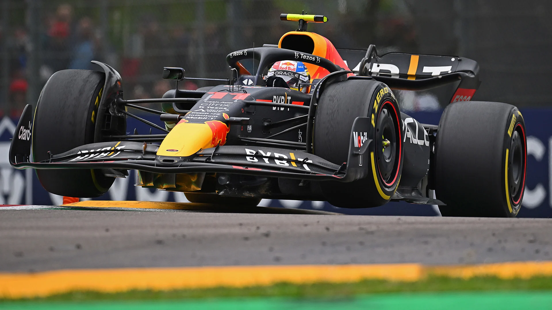 Red Bull going over a kerb