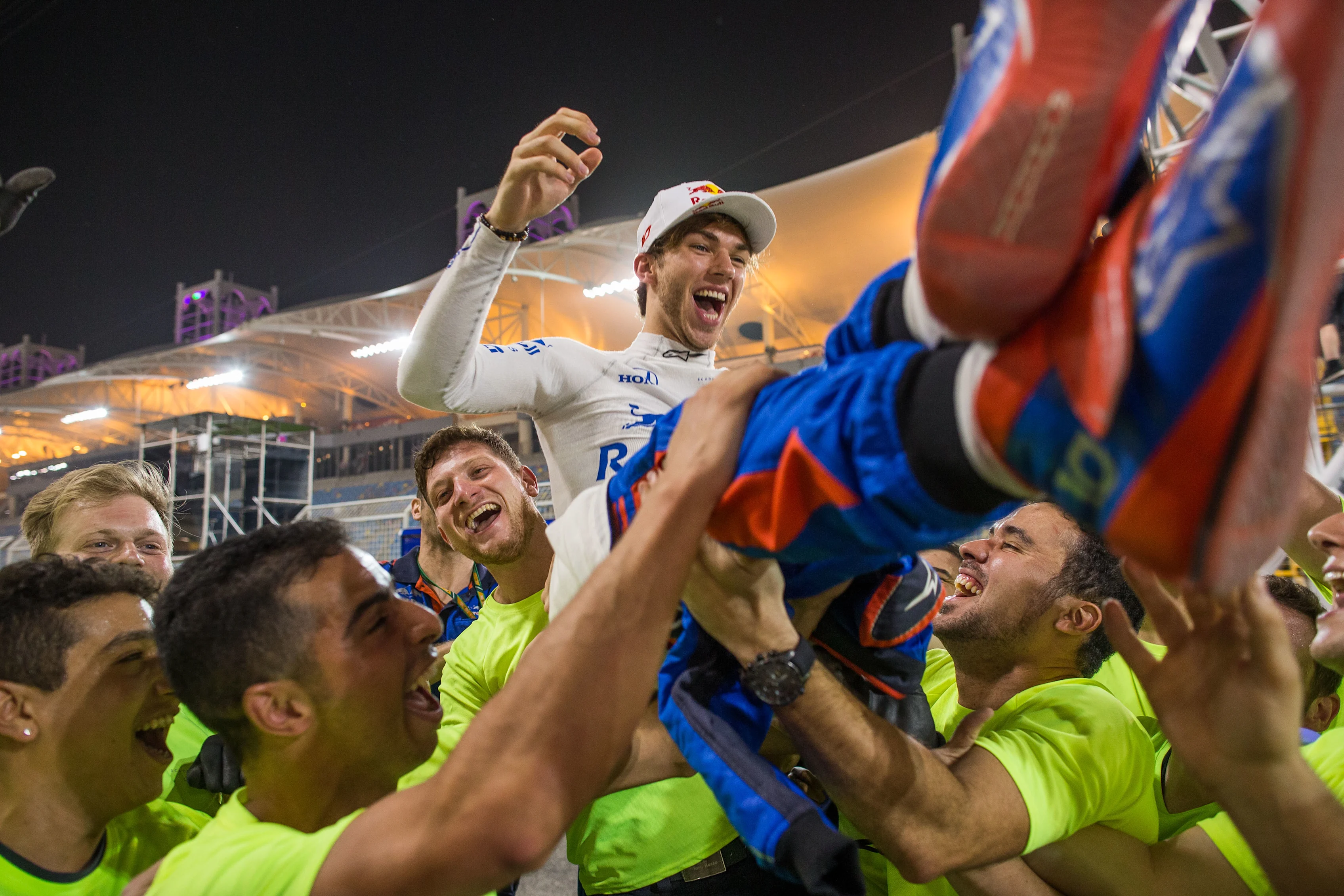 Toro Rosso mechanics threw Pierre Gasly in the air after his drive to P4 at Sakhir early in 2018