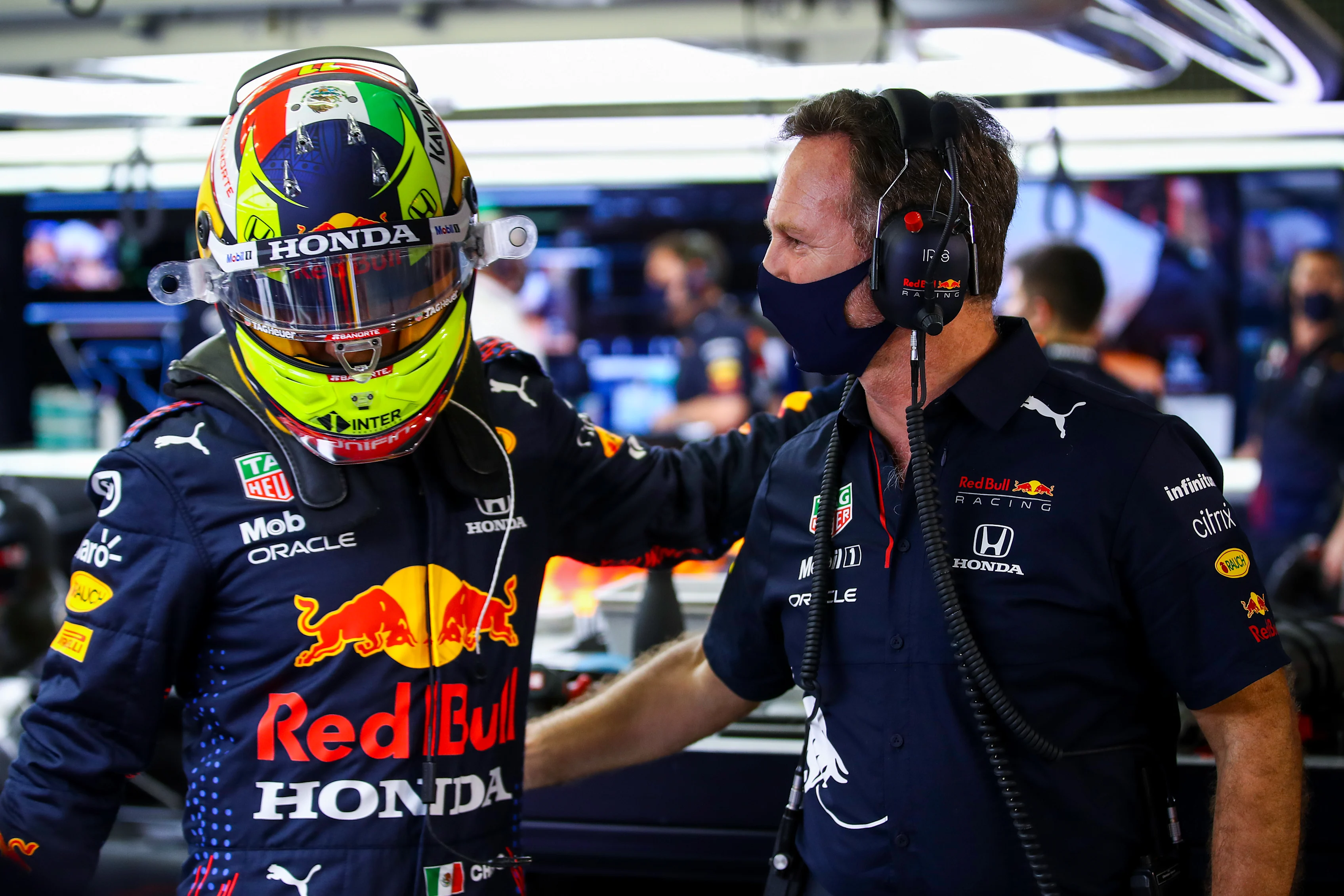 BAHRAIN, BAHRAIN - MARCH 27: Sergio Perez of Mexico and Red Bull Racing and Red Bull Racing Team