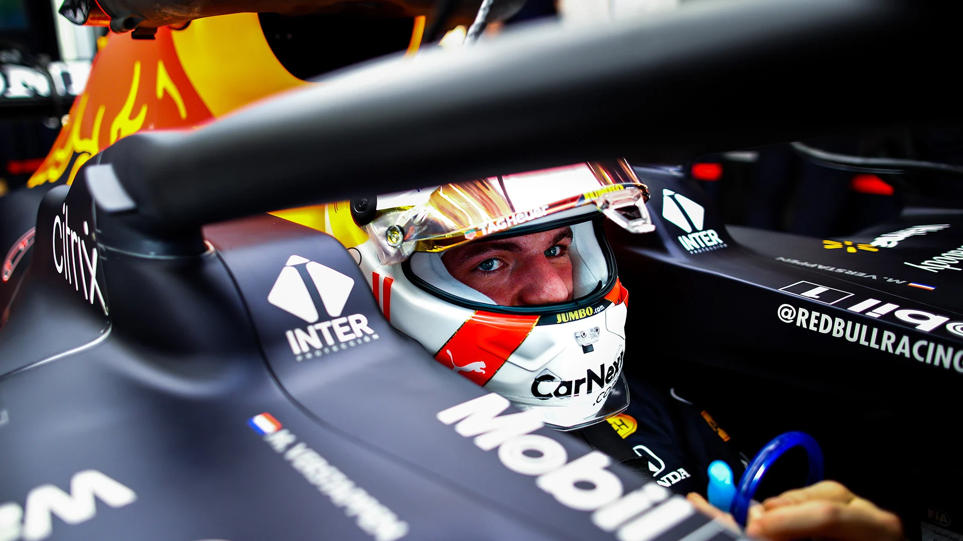 BAHRAIN, BAHRAIN - MARCH 27: Max Verstappen of Netherlands and Red Bull Racing looks on from his