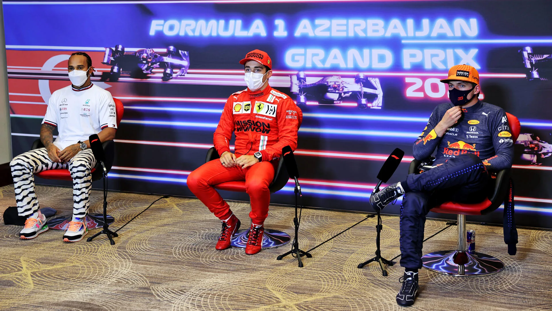 (L to R): Lewis Hamilton (GBR) Mercedes AMG F1; Charles Leclerc (MON) Ferrari; Max Verstappen (NLD)