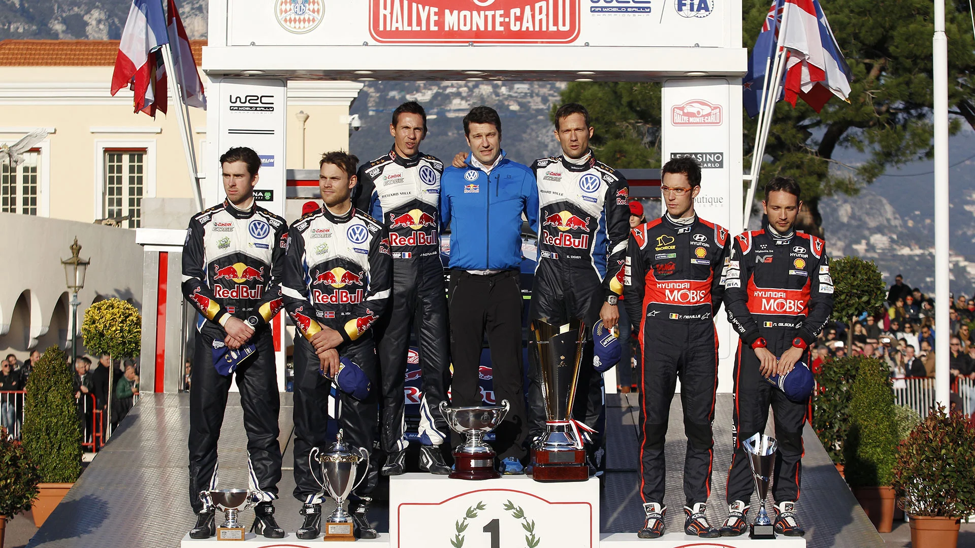 (L-R) Second-placed Norwegian driver Andreas Mikkelsen and Norwegian co driver Anders Jaeger